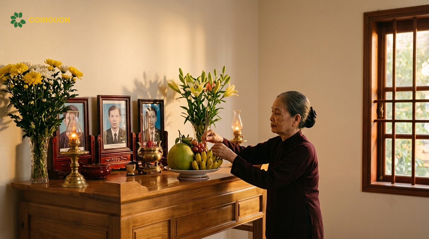 Không gian bàn thờ gia tiên truyền thống thể hiện nguyên tắc trang nghiêm và đúng phong tục - Cội Nguồn ORA