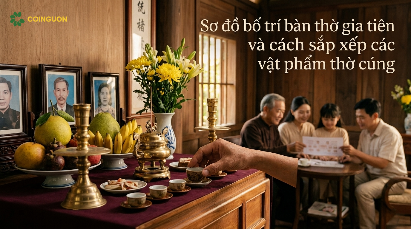 Sắp xếp vật phẩm thờ cúng trên bàn thờ gia tiên theo bố cục trang nghiêm và cân đối - Cội Nguồn ORA