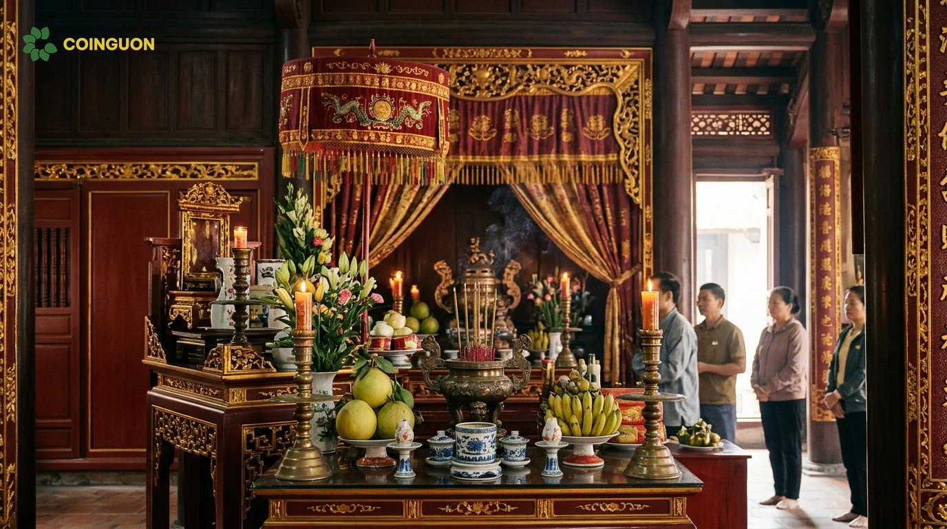 Không gian Ban Công Đồng trang nghiêm trong đền thờ Mẫu với bàn thờ sơn son thếp vàng, đồ lễ truyền thống và kiến trúc gỗ Việt Nam - Cội Nguồn ORA