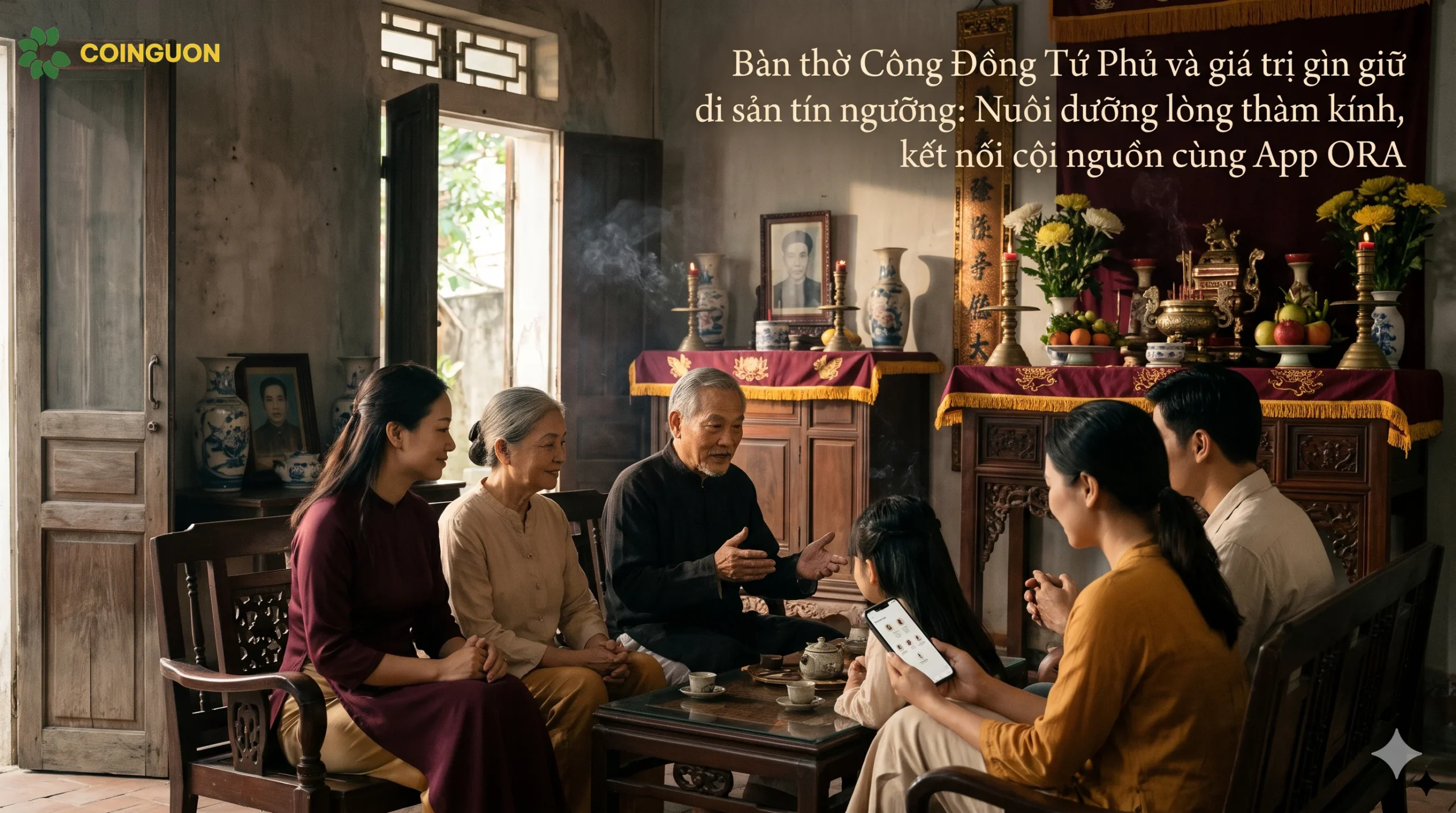 Ba thế hệ gia đình Việt Nam cùng gìn giữ tín ngưỡng thờ Mẫu bên bàn thờ Công Đồng Tứ Phủ, kết nối truyền thống với gia phả số trên điện thoại - Cội Nguồn ORA