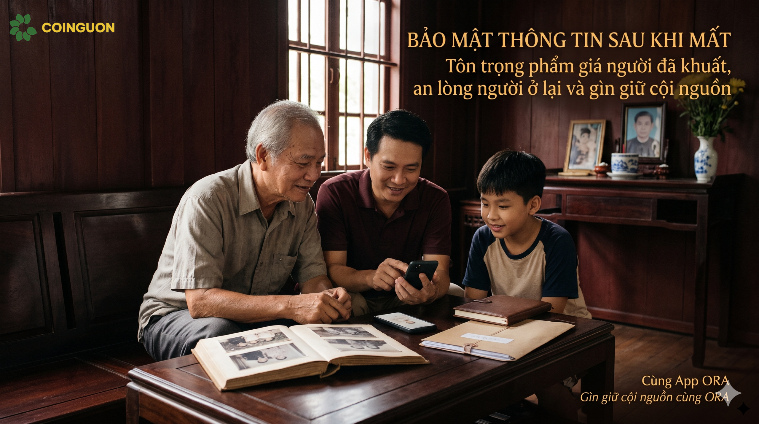 Gia đình Việt Nam gìn giữ ảnh kỷ niệm và gia phả số bên bàn trà, thể hiện sự tôn trọng người đã khuất, sự an lòng của người ở lại và việc bảo tồn cội nguồn - Cội Nguồn ORA