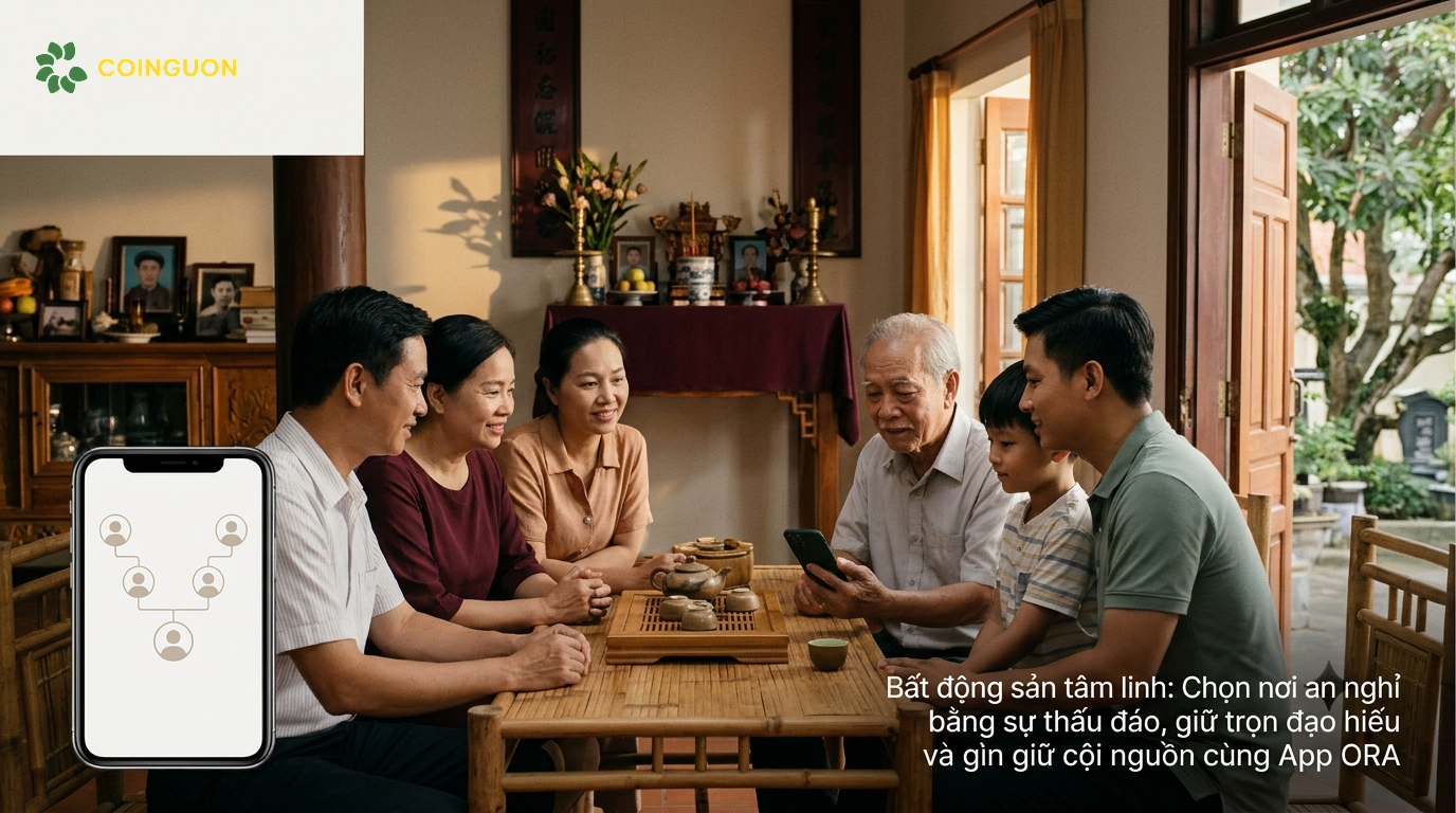 Gia đình Việt Nam nhiều thế hệ quây quần bên bàn thờ gia tiên, cùng lưu giữ câu chuyện dòng họ qua điện thoại với giao diện cây gia phả số giản dị, biểu trưng cho đạo hiếu, sự thấu đáo khi chọn nơi an nghỉ và gìn giữ cội nguồn cùng ứng dụng ORA - Cội Nguồn ORA