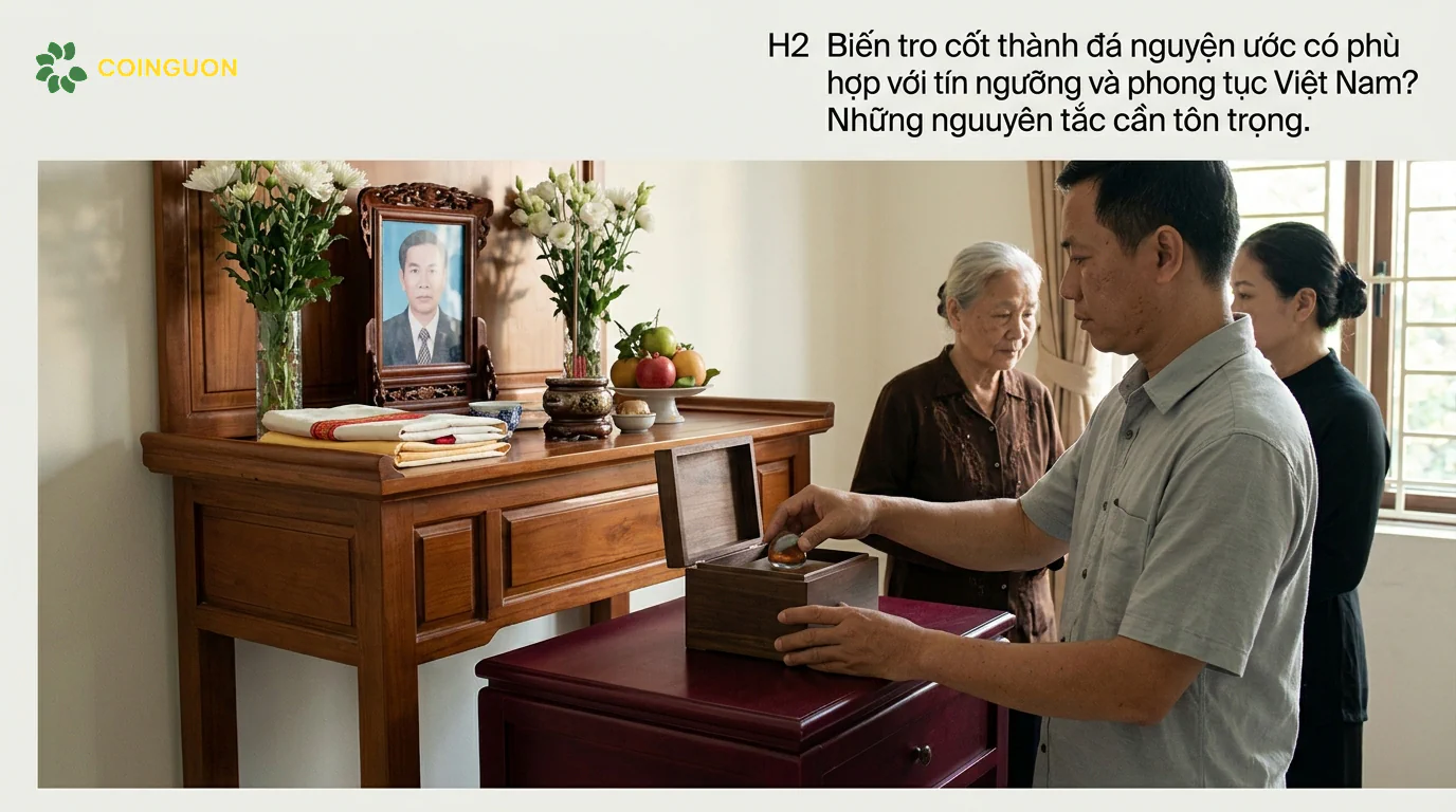 Không gian thờ cúng tổ tiên của gia đình Việt với đá tưởng niệm được đặt trang trọng bên ngoài bàn thờ, thể hiện sự tôn trọng phong tục và tín ngưỡng - Cội Nguồn ORA
