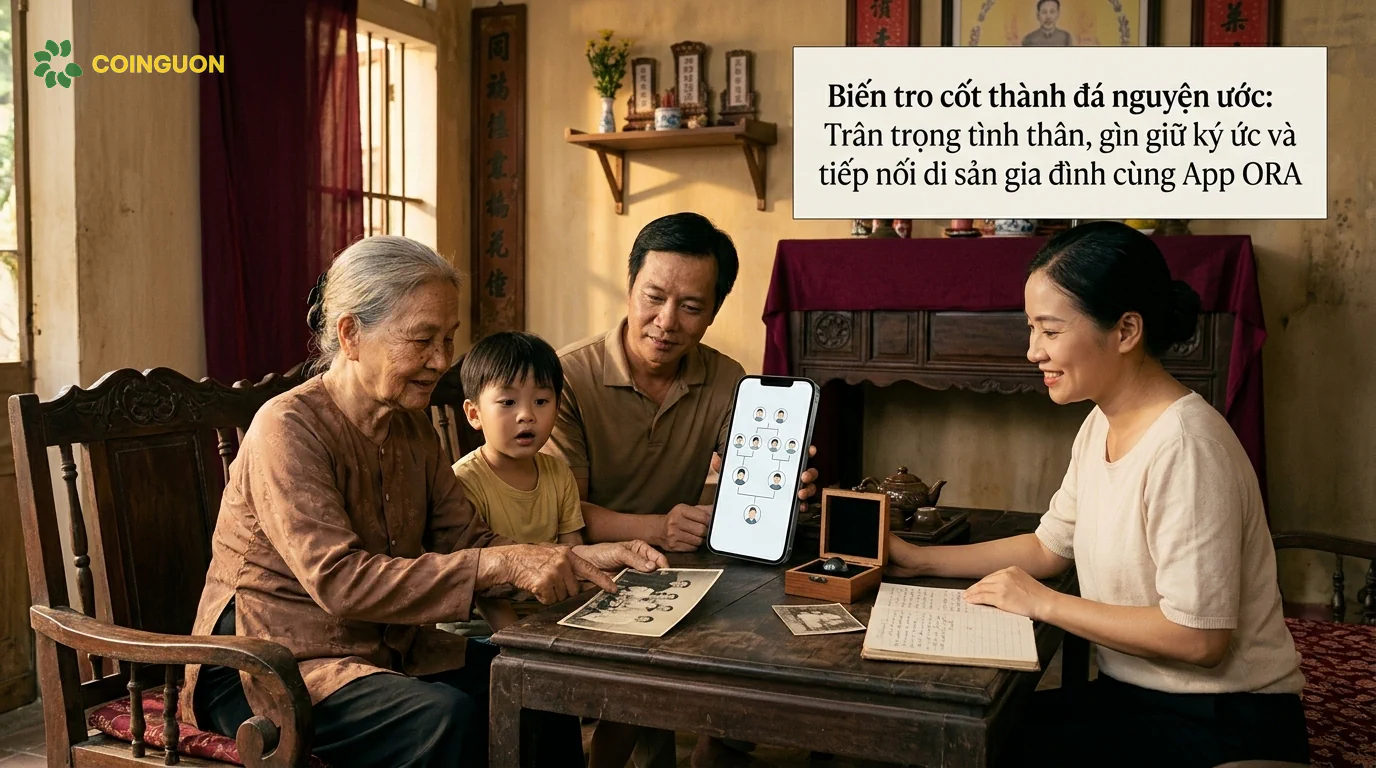 Gia đình nhiều thế hệ cùng xem gia phả số trên điện thoại, chia sẻ ký ức về tổ tiên và gìn giữ di sản gia đình bên kỷ vật tưởng niệm - Cội Nguồn ORA
