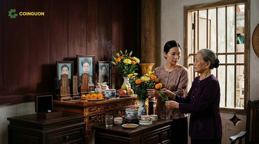 Hai thế hệ phụ nữ Việt Nam cùng thực hiện nghi thức tưởng nhớ tổ tiên bên bàn thờ gia tiên, với hộp kim cương tưởng niệm được đặt kín đáo bên cạnh, thể hiện sự cân nhắc giữa tín ngưỡng, đạo hiếu và lựa chọn cá nhân – Cội Nguồn ORA.