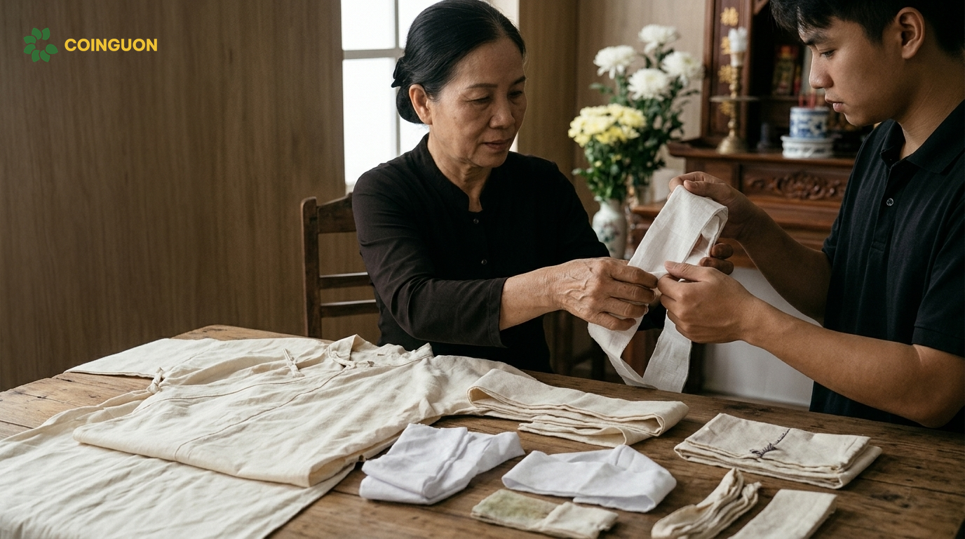 Chuẩn bị đầy đủ áo tang trắng, khăn tang, dải vải tang và phụ kiện truyền thống của người Hoa trên bàn gỗ trong gia đình - Cội Nguồn ORA