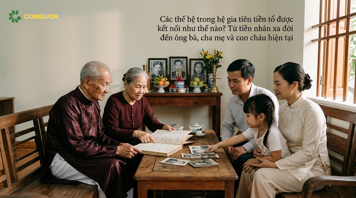 Ông bà, cha mẹ và con cháu Việt Nam cùng xem gia phả và ảnh gia đình cũ, thể hiện sự kết nối giữa các thế hệ – Cội Nguồn ORA