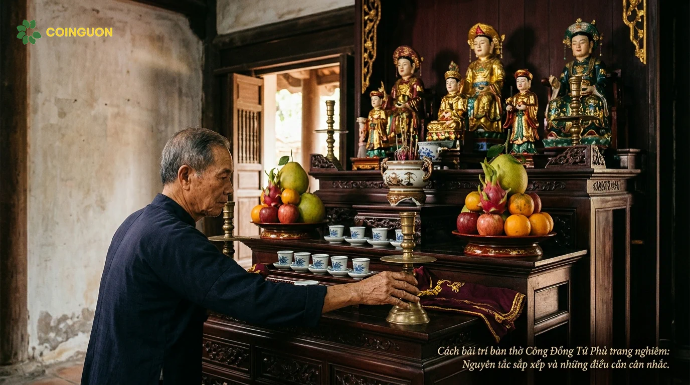 Người thực hành tín ngưỡng cẩn thận sắp xếp hoa, lư hương, chân nến và đồ lễ trên bàn thờ Công Đồng Tứ Phủ theo bố cục cân đối, trang nghiêm - Cội Nguồn ORA