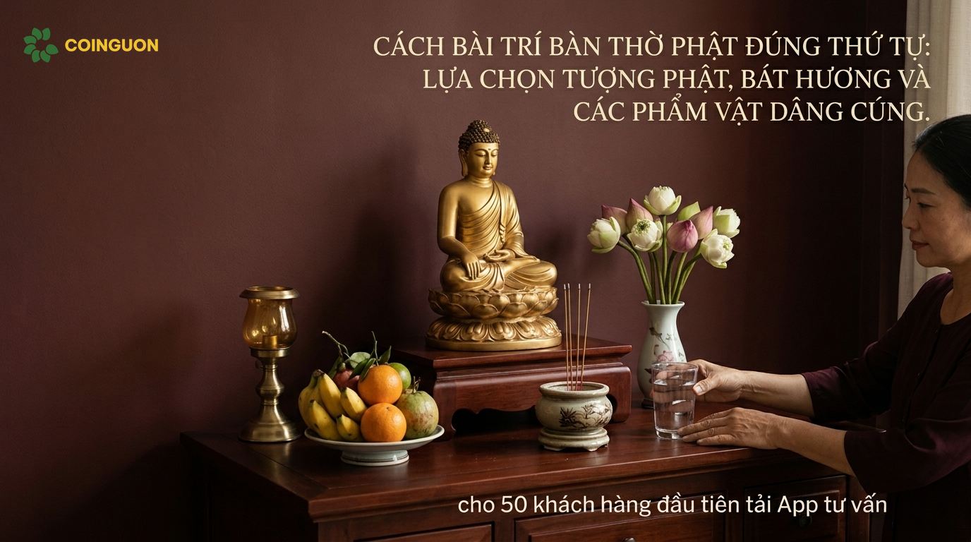 Cách bài trí bàn thờ Phật đúng thứ tự: Lựa chọn tượng Phật, bát hương và các phẩm vật dâng cúng - Cội Nguồn ORA