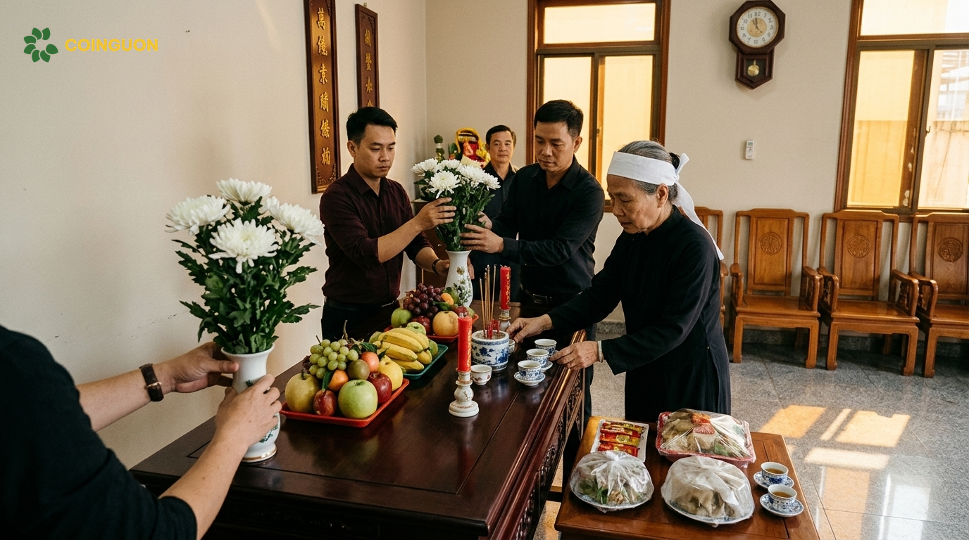 Gia đình người Hoa cùng nhau sắp xếp hoa trắng, mâm trái cây, nhang đèn và trà trên bàn lễ tại linh đường trước giờ cử hành tang lễ - Cội Nguồn ORA