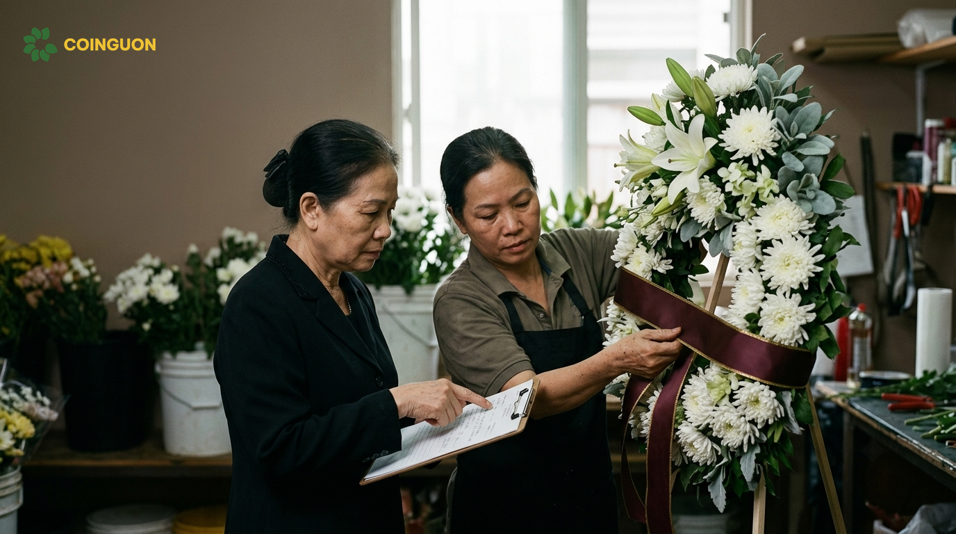 Nghệ nhân cắm hoa gắn dải băng chia buồn và kiểm tra thông tin đặt vòng hoa viếng đám tang đúng lễ nghĩa - Cội Nguồn ORA