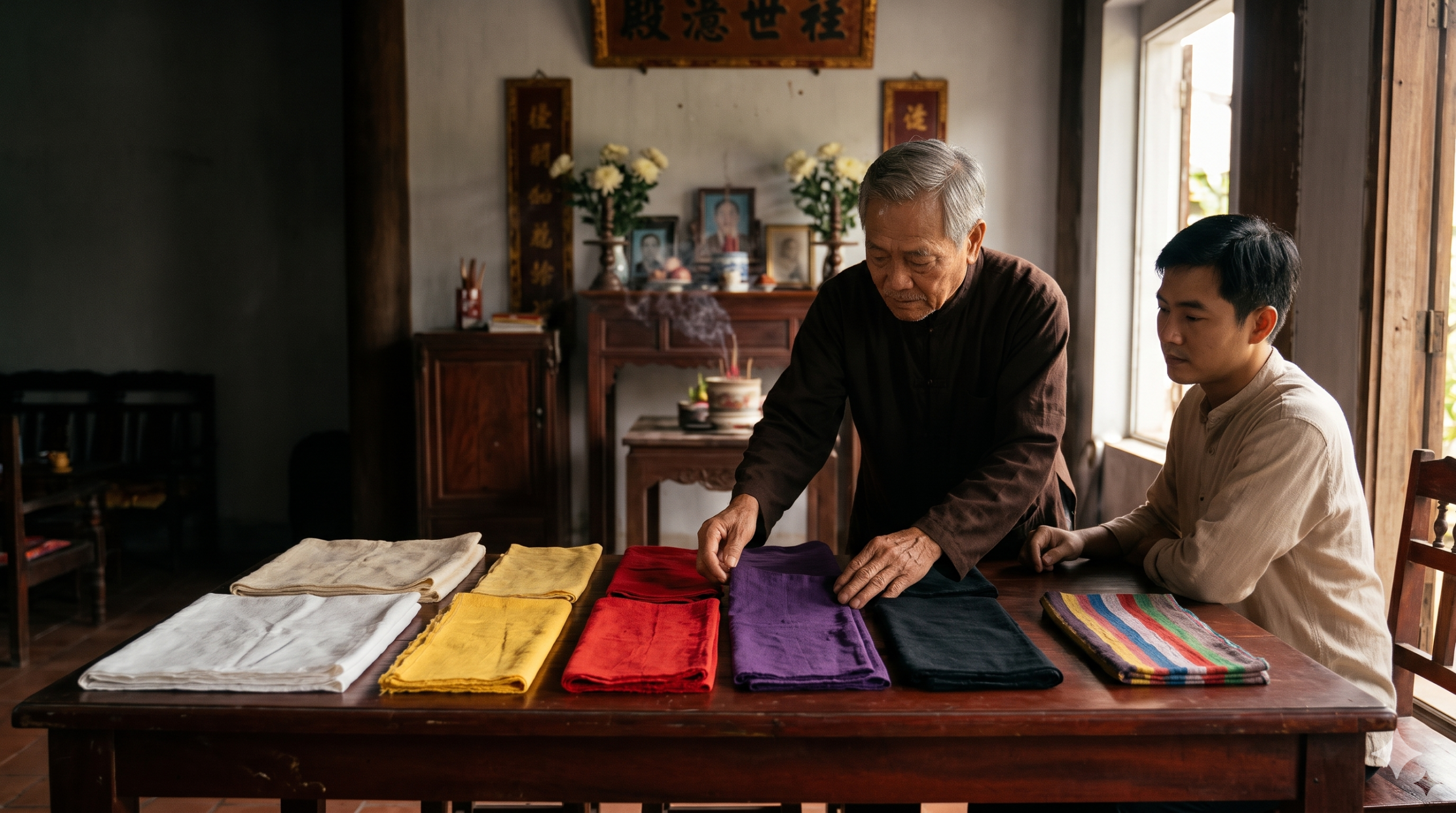 Phân biệt khăn tang trắng, vàng, đỏ, tím, đen và khăn tang năm màu theo phong tục Việt Nam - Cội Nguồn ORA