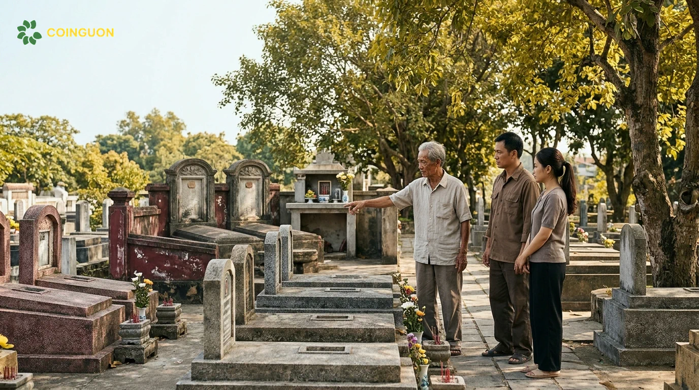 Ba thế hệ trong gia đình tìm hiểu cách sắp xếp mộ ông bà, cha mẹ và con cháu theo quan hệ dòng họ - Cội Nguồn ORA