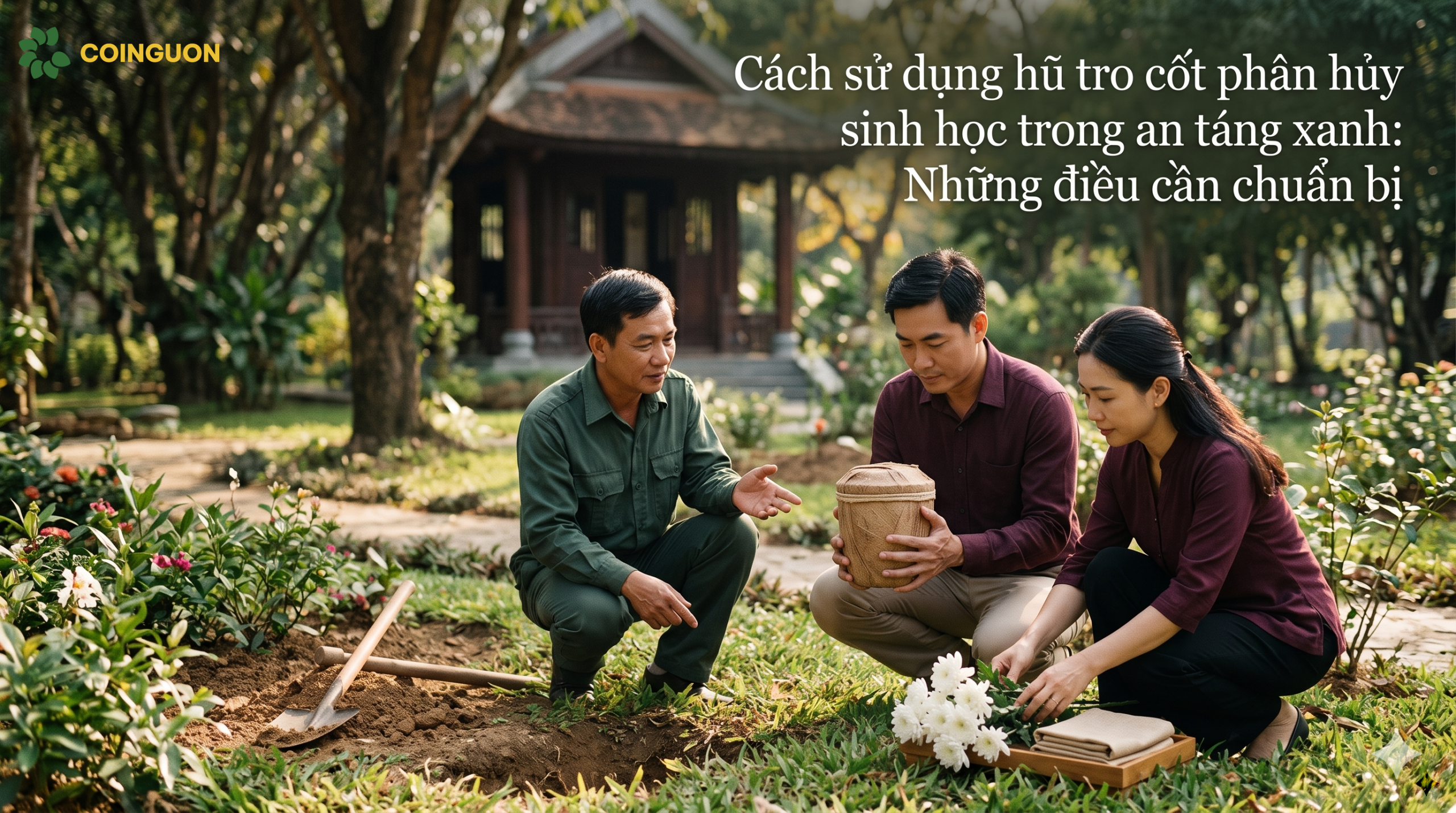 Gia đình Việt chuẩn bị hũ tro cốt phân hủy sinh học, hoa tưởng niệm và huyệt đất cho nghi thức an táng xanh - Cội Nguồn ORA