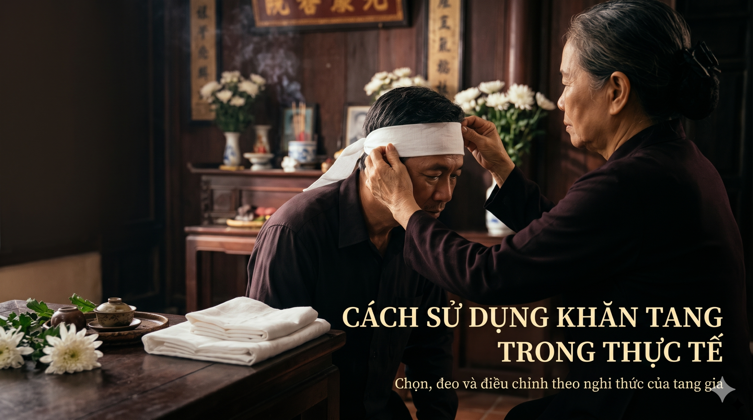 Hướng dẫn chọn, đeo và điều chỉnh khăn tang đúng nghi thức tang gia Việt Nam - Cội Nguồn ORA