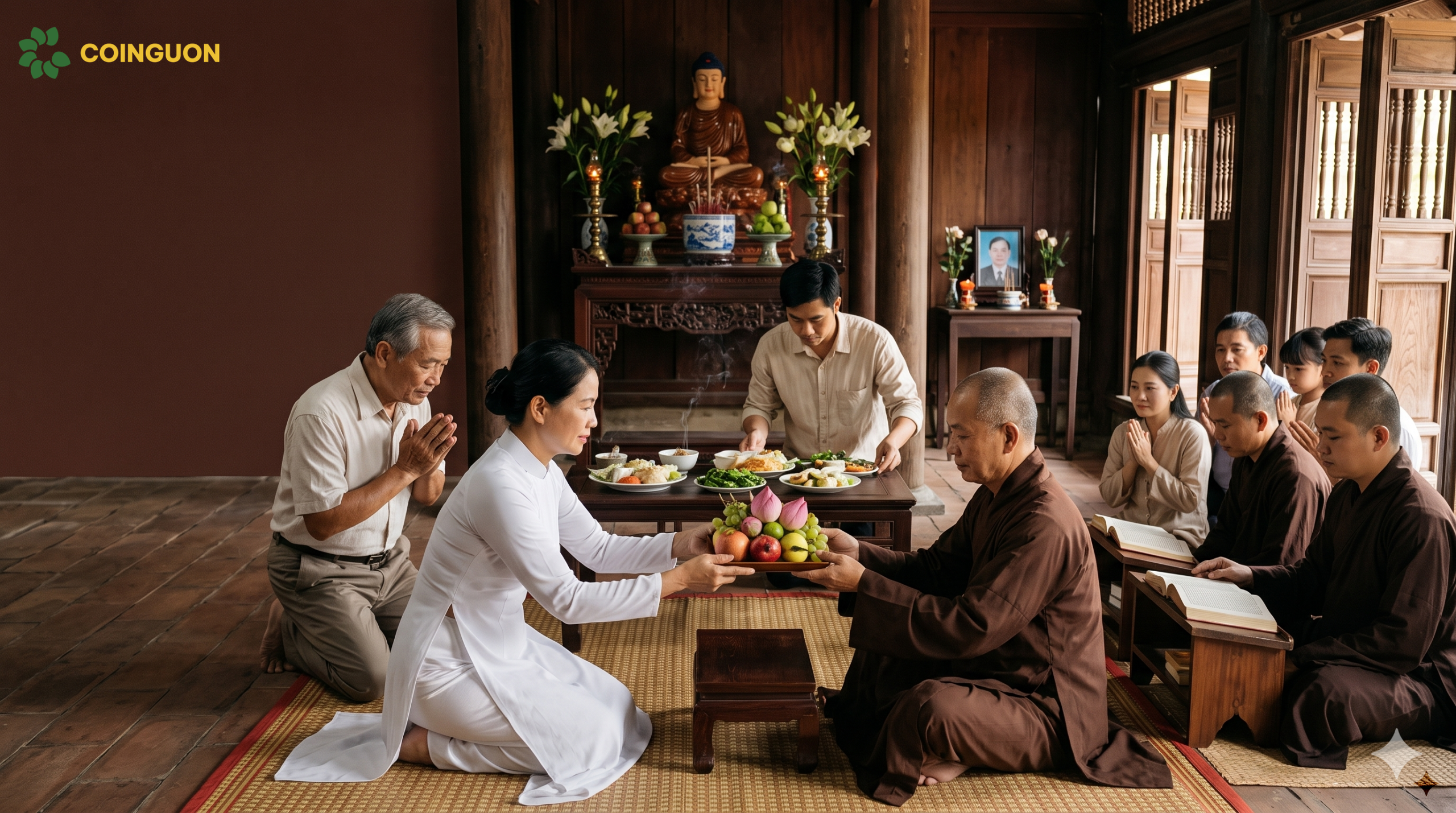 Gia đình chuẩn bị lễ vật, thành kính cúng dường chư tăng và tham gia tụng kinh hồi hướng cầu siêu cho người đã khuất - Cội Nguồn ORA