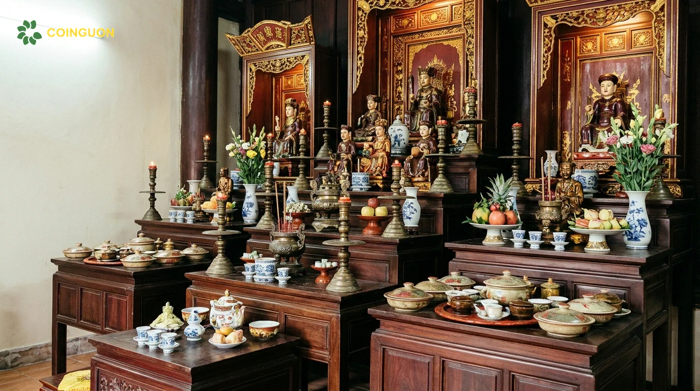 Cấu trúc bàn thờ Công Đồng Tứ Phủ với nhiều lớp thờ, tượng thần linh, lư hương, chân nến, lọ hoa và mâm lễ truyền thống - Cội Nguồn ORA