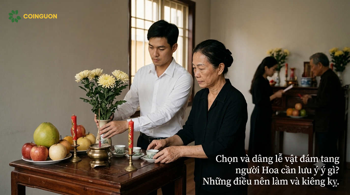 Người thân kiểm tra hoa trắng, trái cây và chén trà trước khi dâng lễ trong tang lễ người Hoa, thể hiện sự chu đáo, trang nghiêm và tôn trọng phong tục gia đình - Cội Nguồn ORA