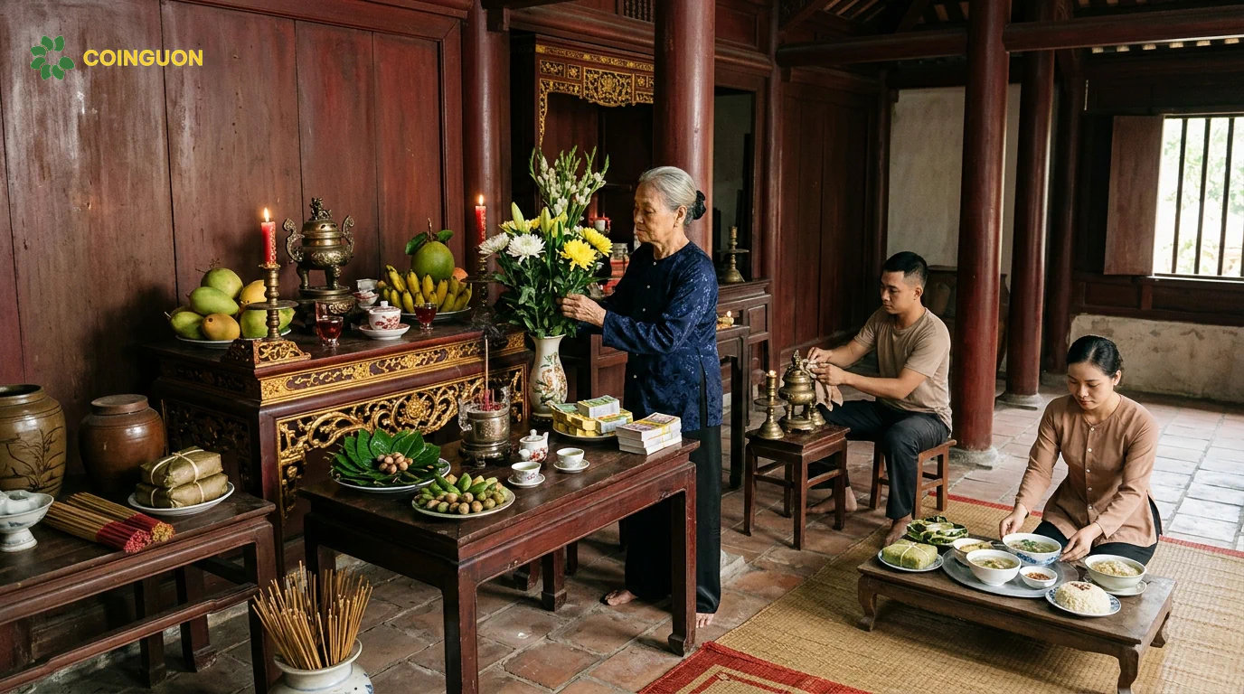 Gia đình chuẩn bị bàn thờ gia tiên, hoa quả và lễ vật truyền thống trước ngày giỗ dòng họ - Cội Nguồn ORA