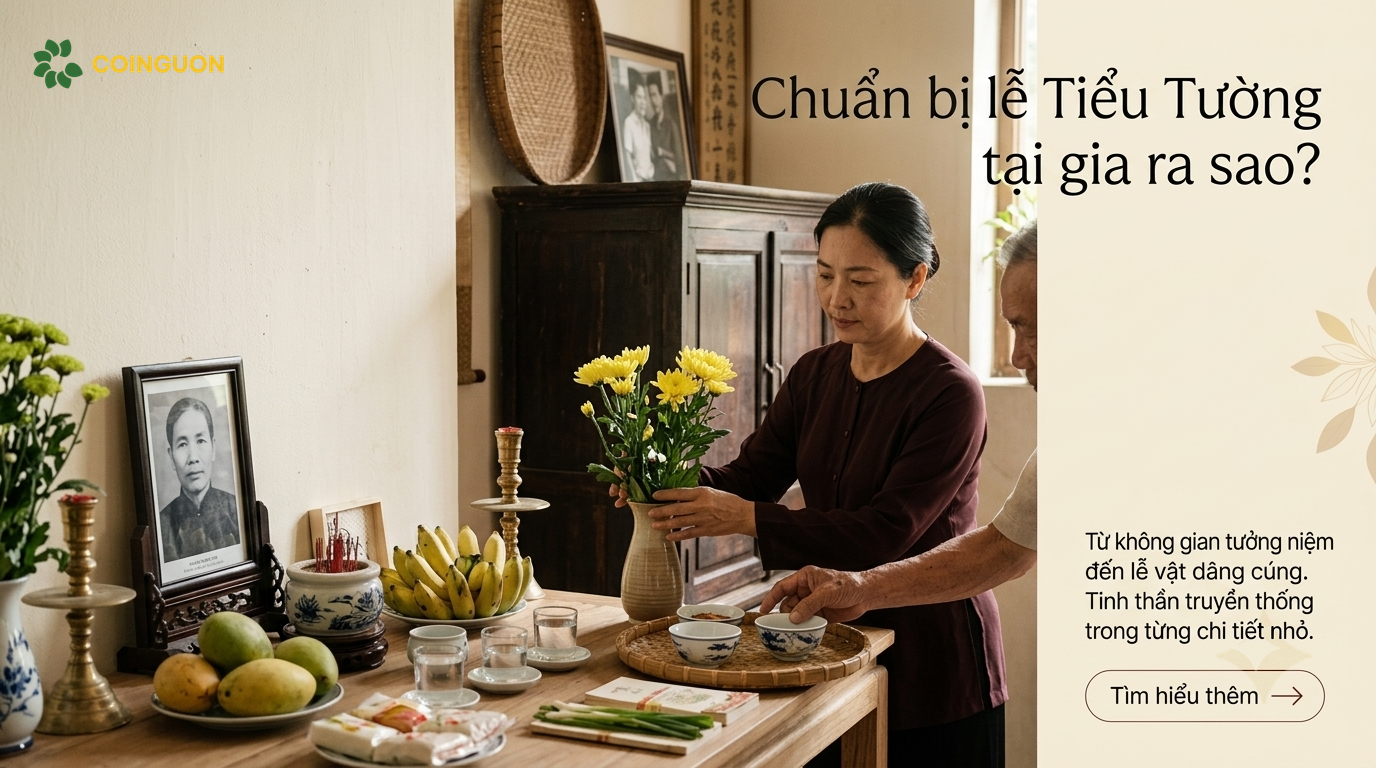 Gia đình chuẩn bị không gian thờ cúng, hoa quả và lễ vật cho lễ Tiểu Tường tại gia - Cội Nguồn ORA