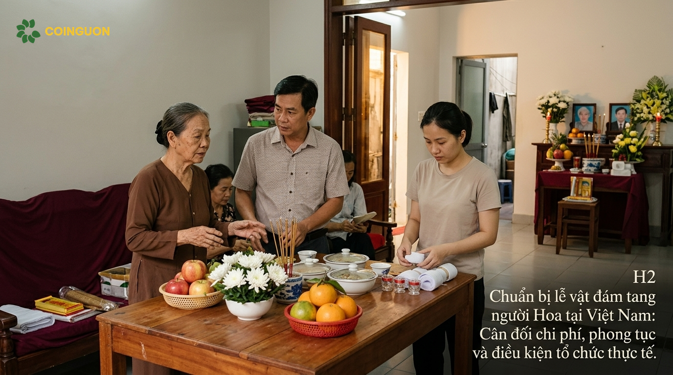 Gia đình người Hoa tại Việt Nam cùng chuẩn bị hoa, trái cây, trà và lễ phẩm trong không gian tang lễ giản dị, cân đối chi phí nhưng vẫn giữ sự trang nghiêm và phong tục truyền thống - Cội Nguồn ORA