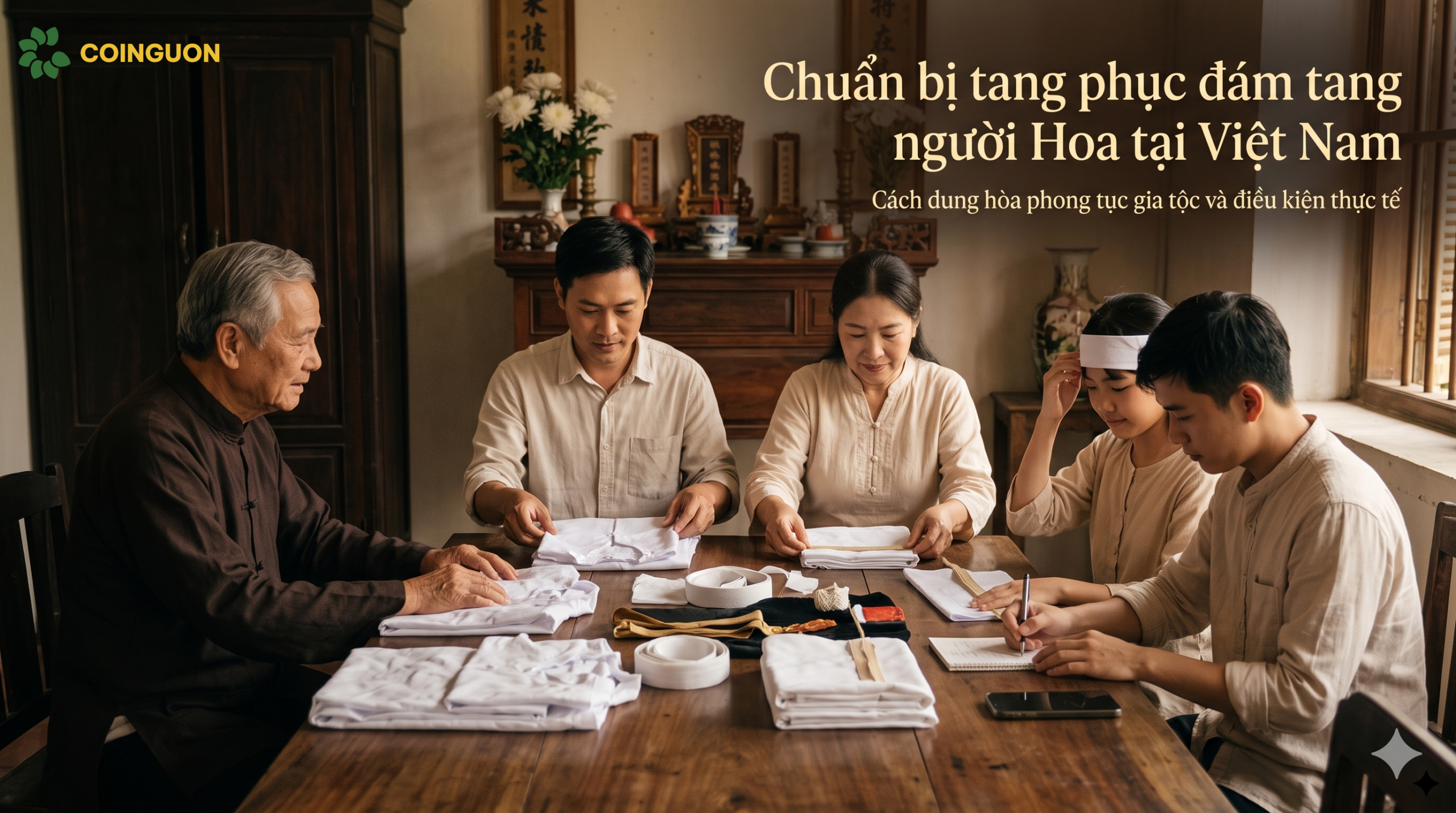 Gia đình người Hoa tại Việt Nam cùng chuẩn bị áo tang và khăn tang, trao đổi phong tục gia tộc và sắp xếp trang phục phù hợp điều kiện thực tế - Cội Nguồn ORA