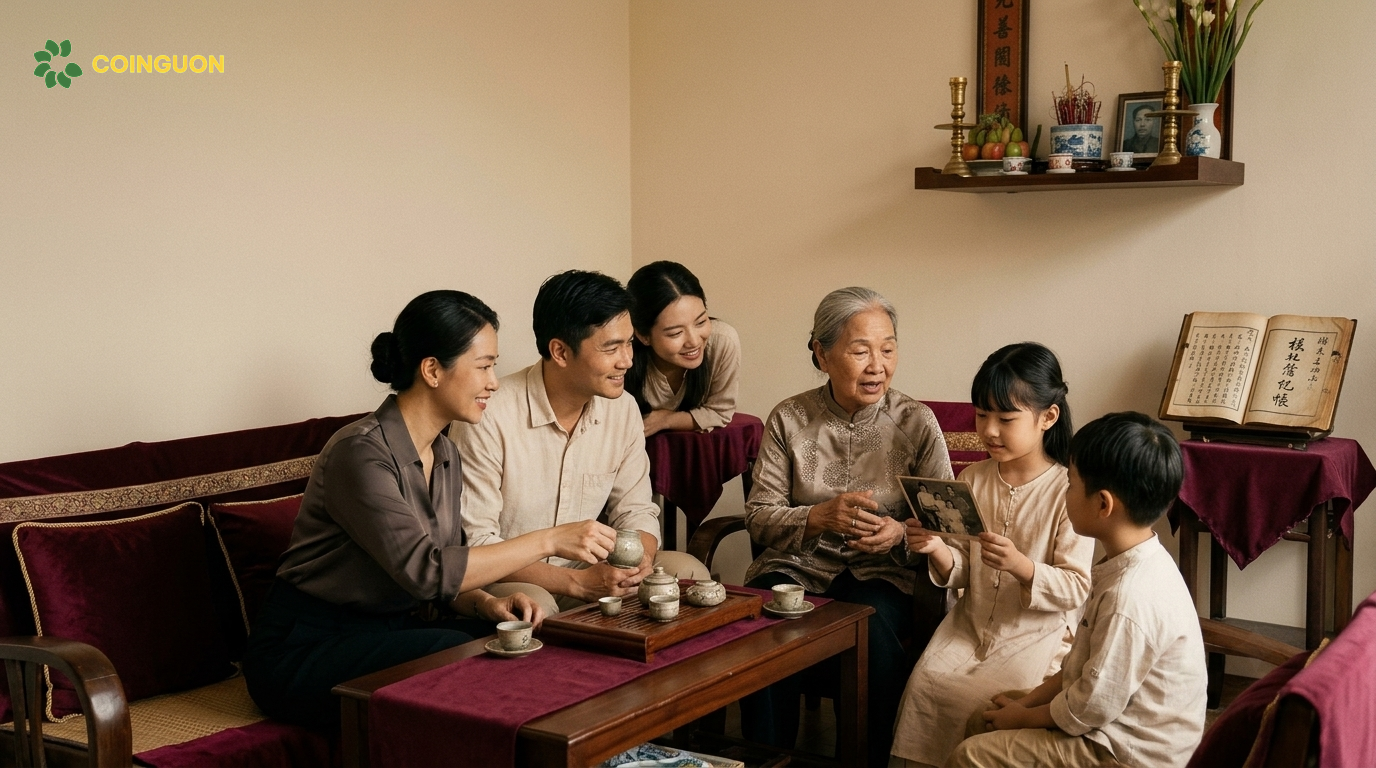 Gia đình Việt nhiều thế hệ gồm cả con trai và con gái cùng gìn giữ ảnh gia đình và lắng nghe chuyện tổ tiên, thể hiện quan niệm nối dõi trong xã hội hiện đại - Cội Nguồn ORA