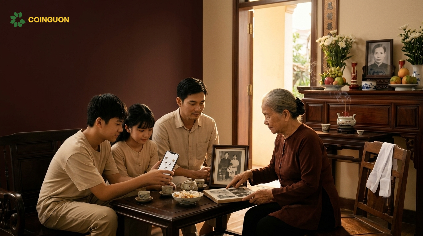 Gia đình ba thế hệ tưởng nhớ tổ tiên, gìn giữ đạo hiếu và cùng xem cây gia phả số trên điện thoại sau lễ cúng dường hồi hướng - Cội Nguồn ORA