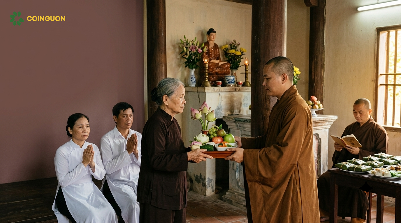 Cúng dường trong tang lễ theo Phật giáo với gia đình dâng lễ Tam Bảo, chư tăng tụng kinh cầu siêu và chuẩn bị phẩm vật cúng thí - Cội Nguồn ORA