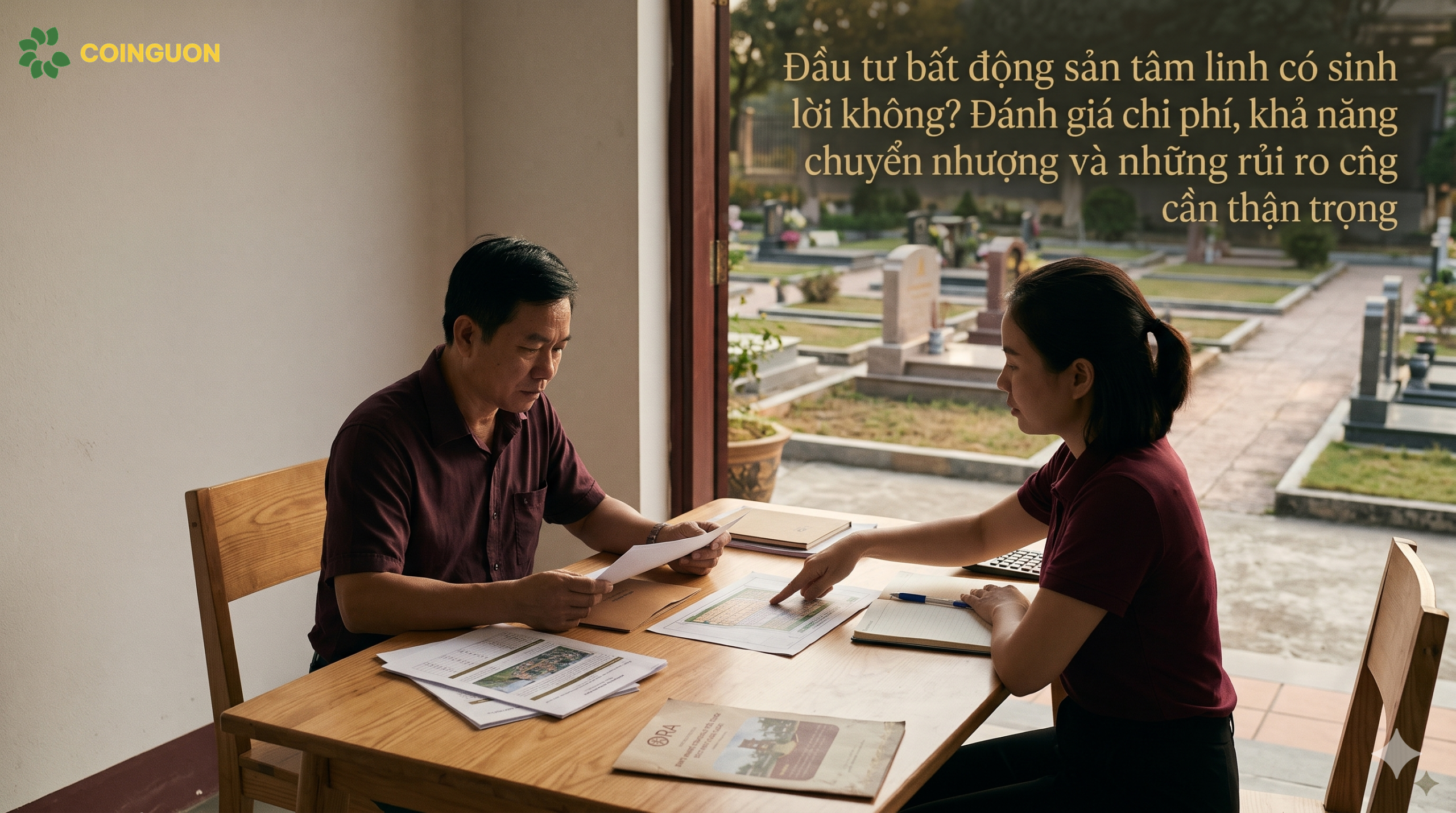 Người Việt Nam thận trọng xem xét chi phí, sơ đồ lô đất và hồ sơ tại văn phòng hoa viên nghĩa trang, thể hiện việc đánh giá khả năng chuyển nhượng, chi phí duy trì và rủi ro tài chính của bất động sản tâm linh - Cội Nguồn ORA