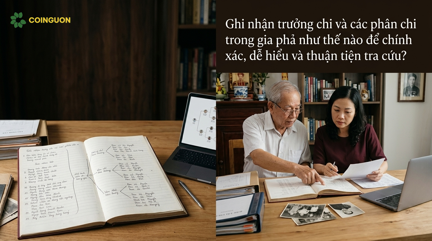Người thân cùng đối chiếu sổ gia phả, ghi nhận trưởng chi và các phân chi trên hồ sơ giấy kết hợp giao diện gia phả số, giúp thông tin dòng họ chính xác và dễ tra cứu - Cội Nguồn ORA