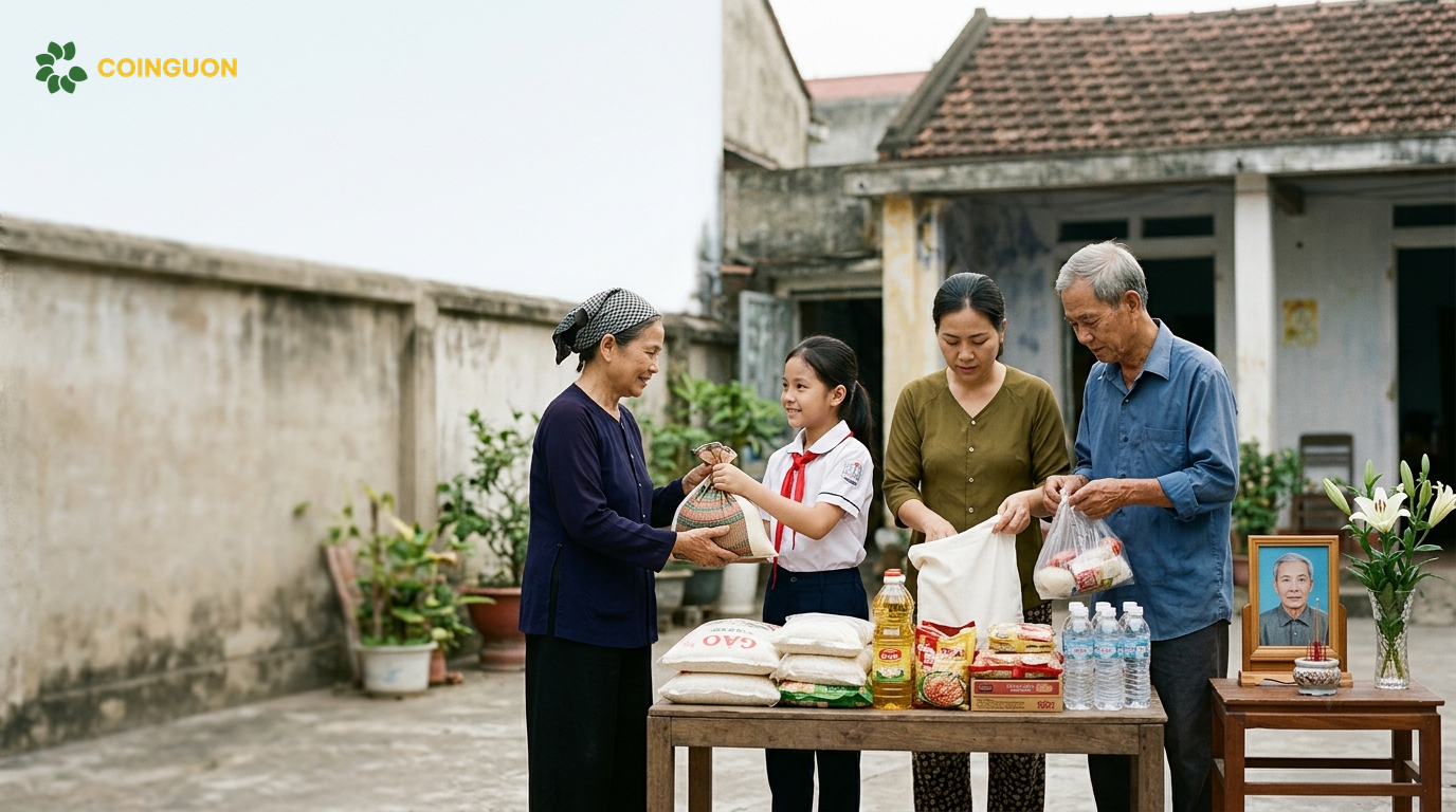 Gia đình ba thế hệ cùng chuẩn bị gạo và nhu yếu phẩm để giúp đỡ người khó khăn, thực hành việc thiện lành hồi hướng cho người đã mất - Cội Nguồn ORA