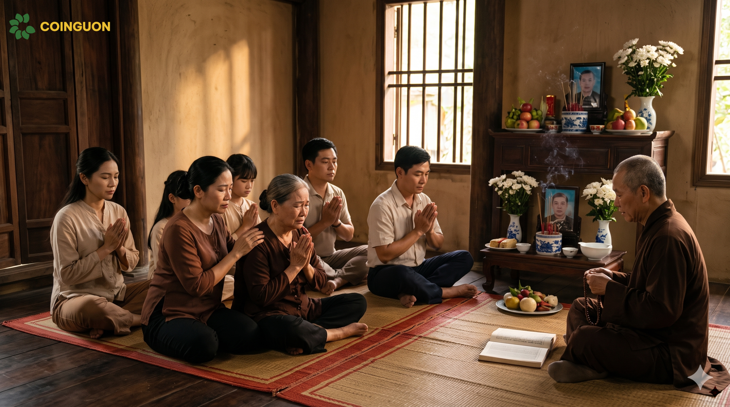 Gia đình cùng nhà sư tụng kinh, tưởng niệm và thực hành trợ duyên sau khi người thân qua đời theo Phật giáo - Cội Nguồn ORA