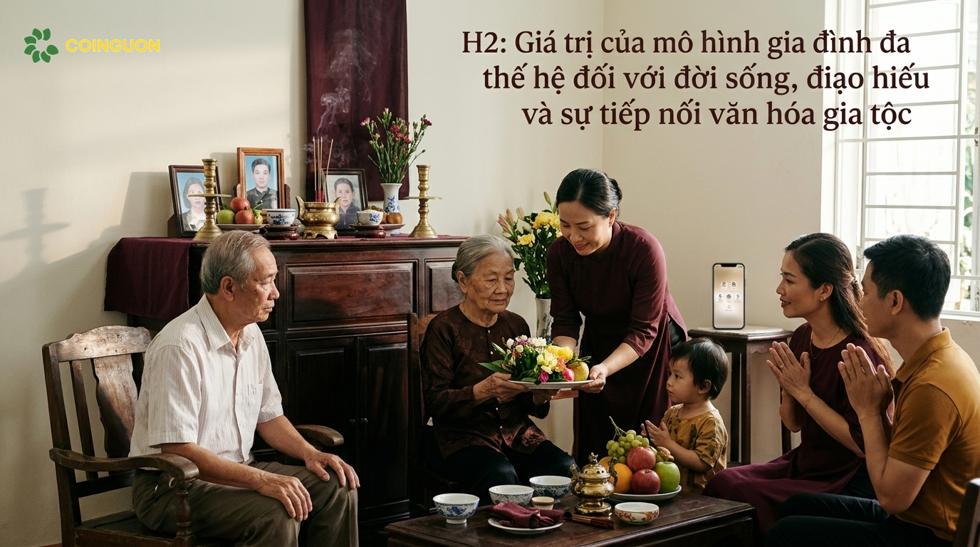 Gia đình nhiều thế hệ thành kính tưởng nhớ tổ tiên bên bàn thờ gia tiên, thể hiện đạo hiếu và sự tiếp nối văn hóa gia tộc - Cội Nguồn ORA