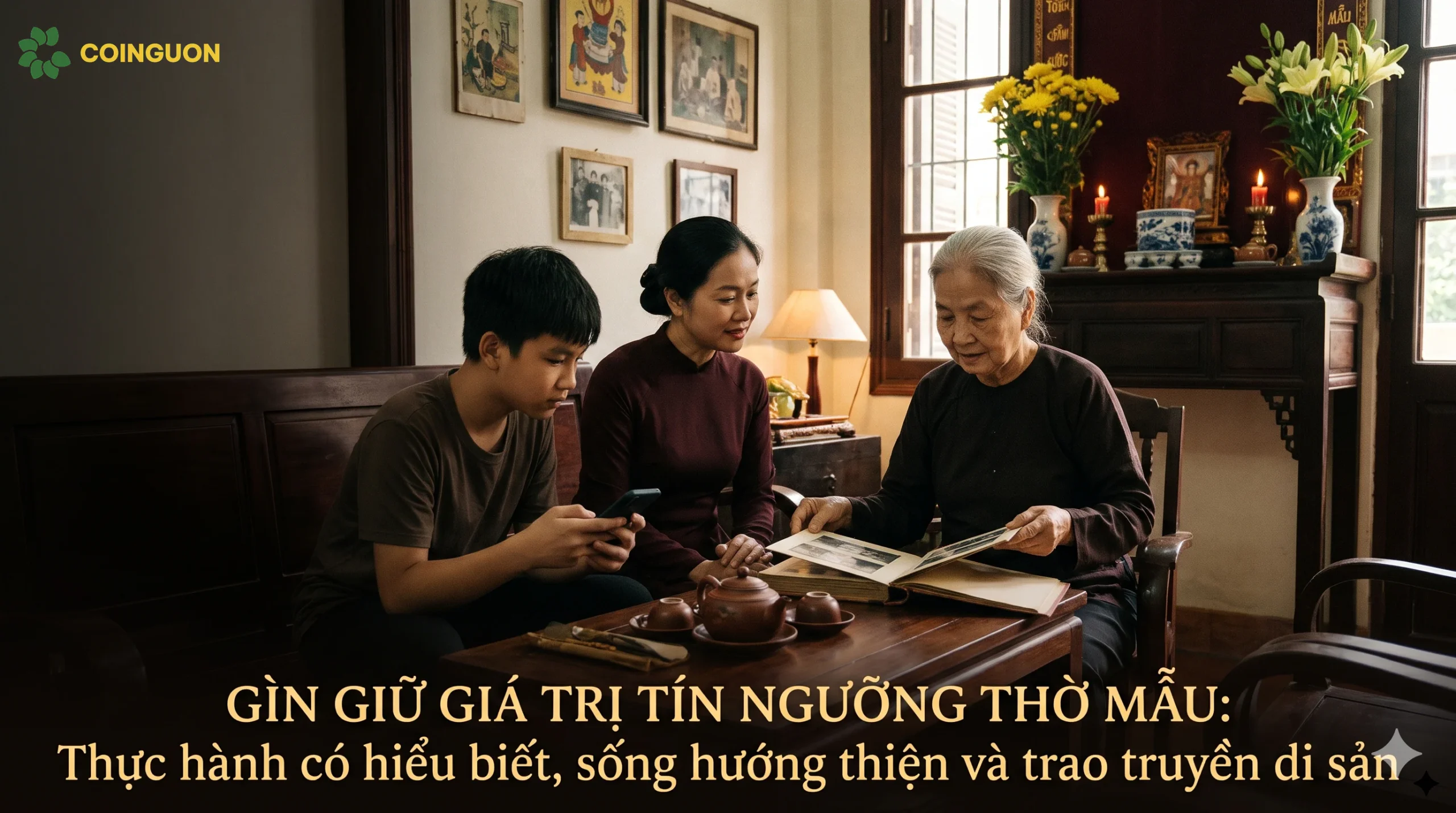 Ba thế hệ gia đình Việt cùng tìm hiểu tư liệu gia đình và xem cây gia phả số trên điện thoại, thể hiện sự kết nối giữa gìn giữ di sản truyền thống và công nghệ ORA - Cội Nguồn ORA