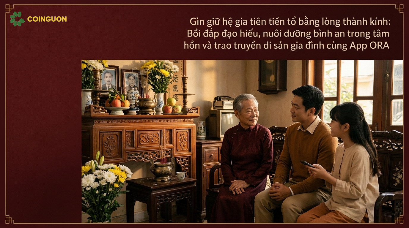 Ông bà, cha mẹ và con cháu cùng tưởng nhớ tổ tiên, chia sẻ ký ức gia đình và xem gia phả số trên điện thoại trong không gian ấm áp, thanh tịnh – Cội Nguồn ORA