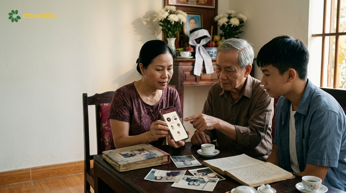 Ba thế hệ gia đình Việt cùng xem cây gia phả số trên điện thoại, lưu giữ ký ức người đã khuất sau lễ khâm liệm - Cội Nguồn ORA