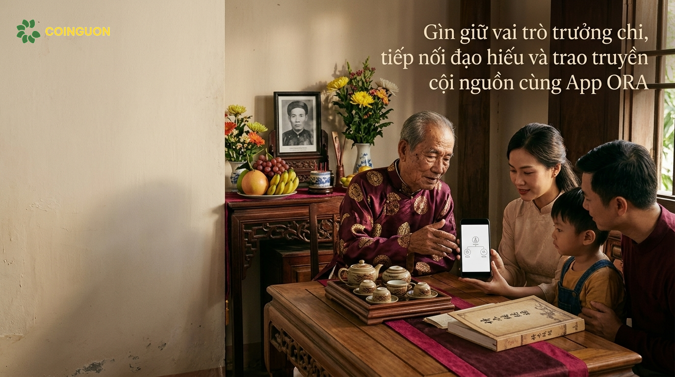 Các thế hệ gia đình Việt Nam cùng xem gia phả số trên điện thoại bên bàn thờ tổ tiên, thể hiện sự kết nối giữa trưởng chi, đạo hiếu và việc trao truyền cội nguồn với sự hỗ trợ của công nghệ - Cội Nguồn ORA