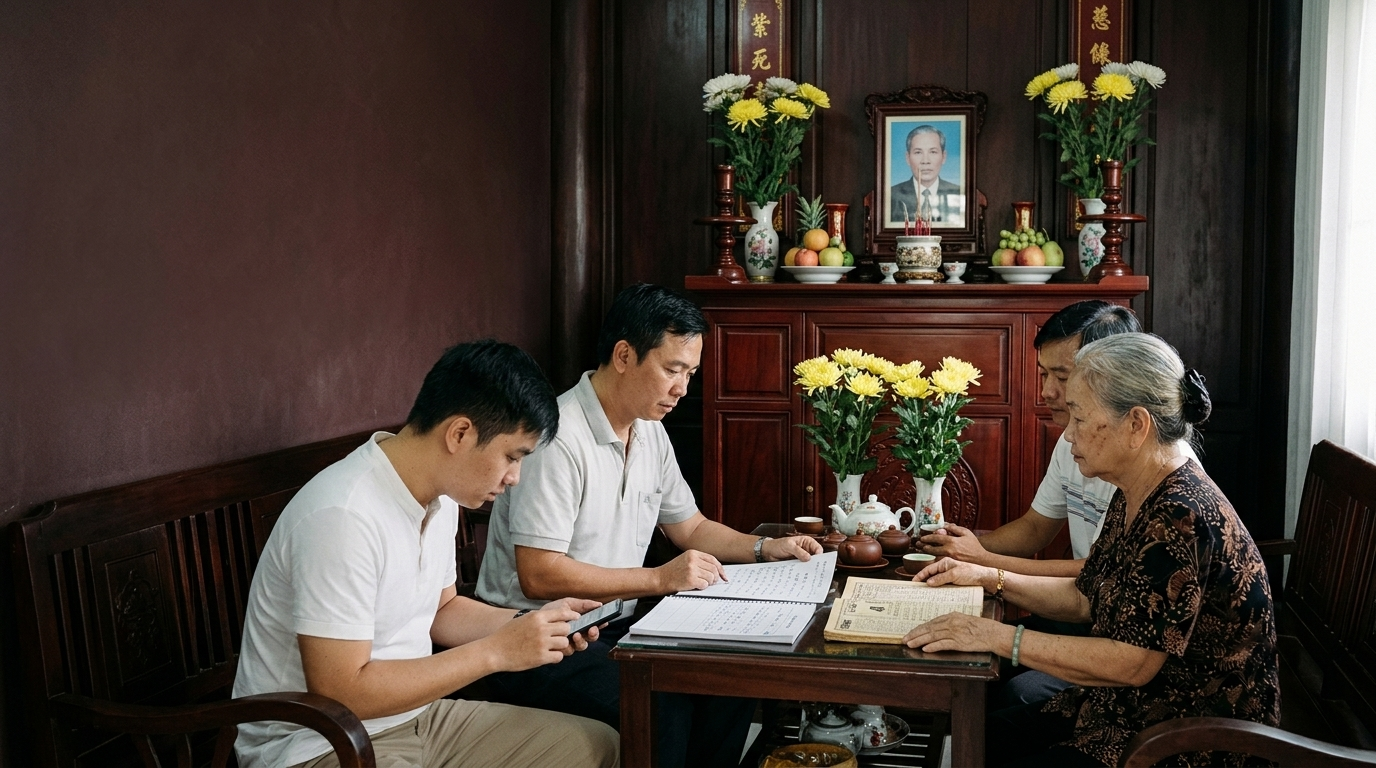 Gia đình Việt xem lịch và trao đổi về ngày tổ chức giỗ Đại tường theo phong tục gia đình - Cội Nguồn ORA