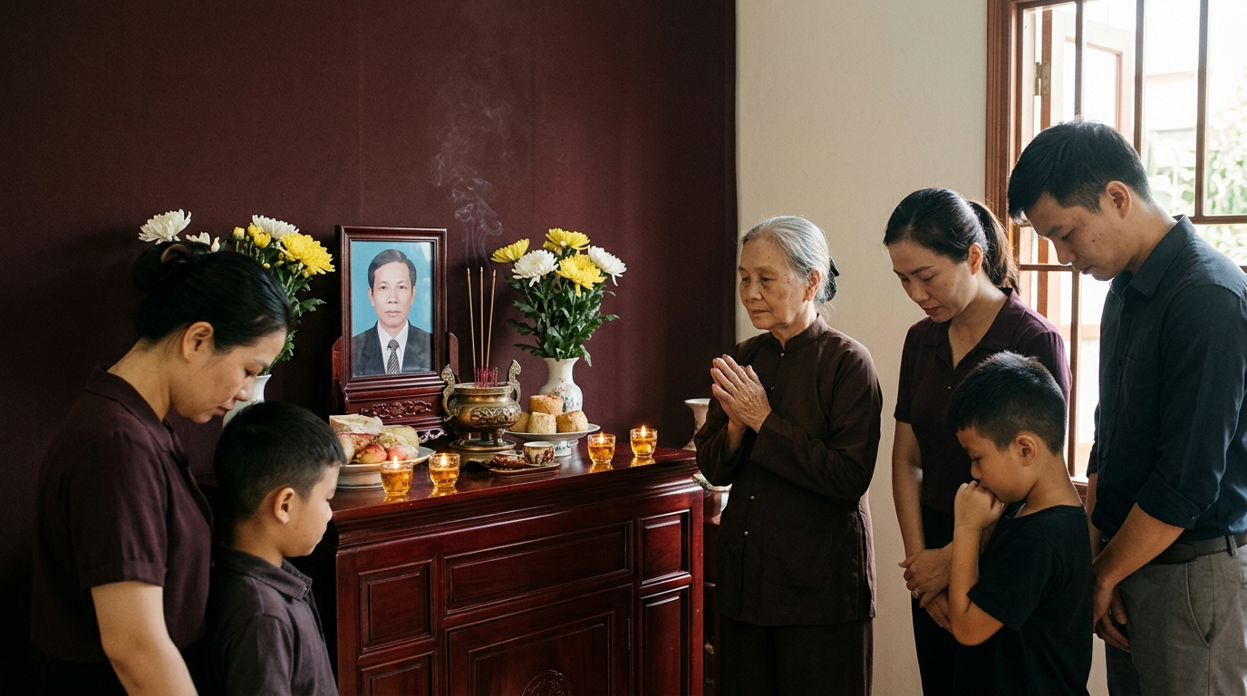 Giỗ Đại tường trong gia đình Việt với bàn thờ gia tiên trang nghiêm, thể hiện ý nghĩa kết thúc thời kỳ để tang và tiếp nối đạo hiếu - Cội Nguồn ORA