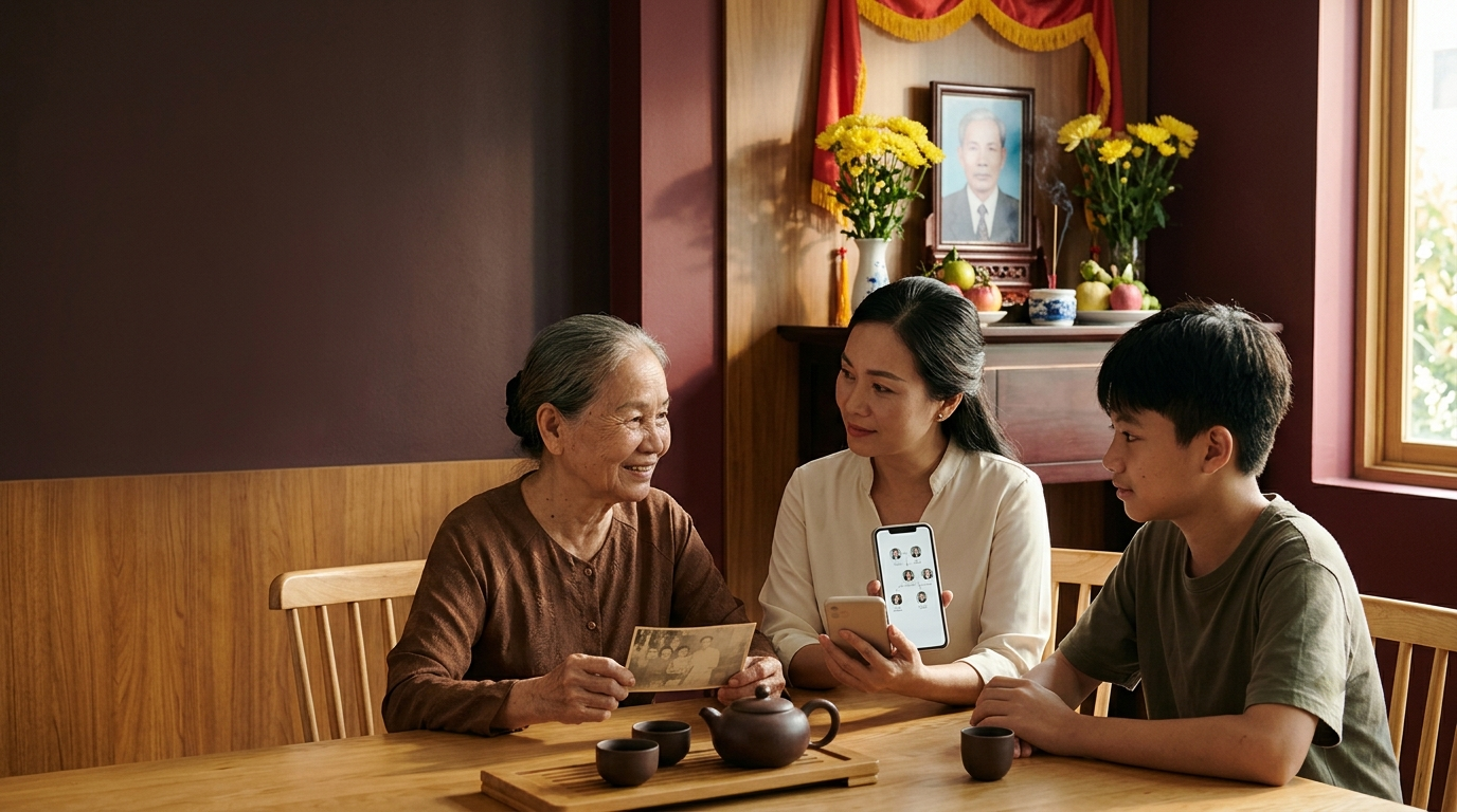 Gia đình Việt chia sẻ ảnh tổ tiên và xem cây gia phả số trên điện thoại trong không gian ấm cúng, gìn giữ ký ức nhiều thế hệ - Cội Nguồn ORA