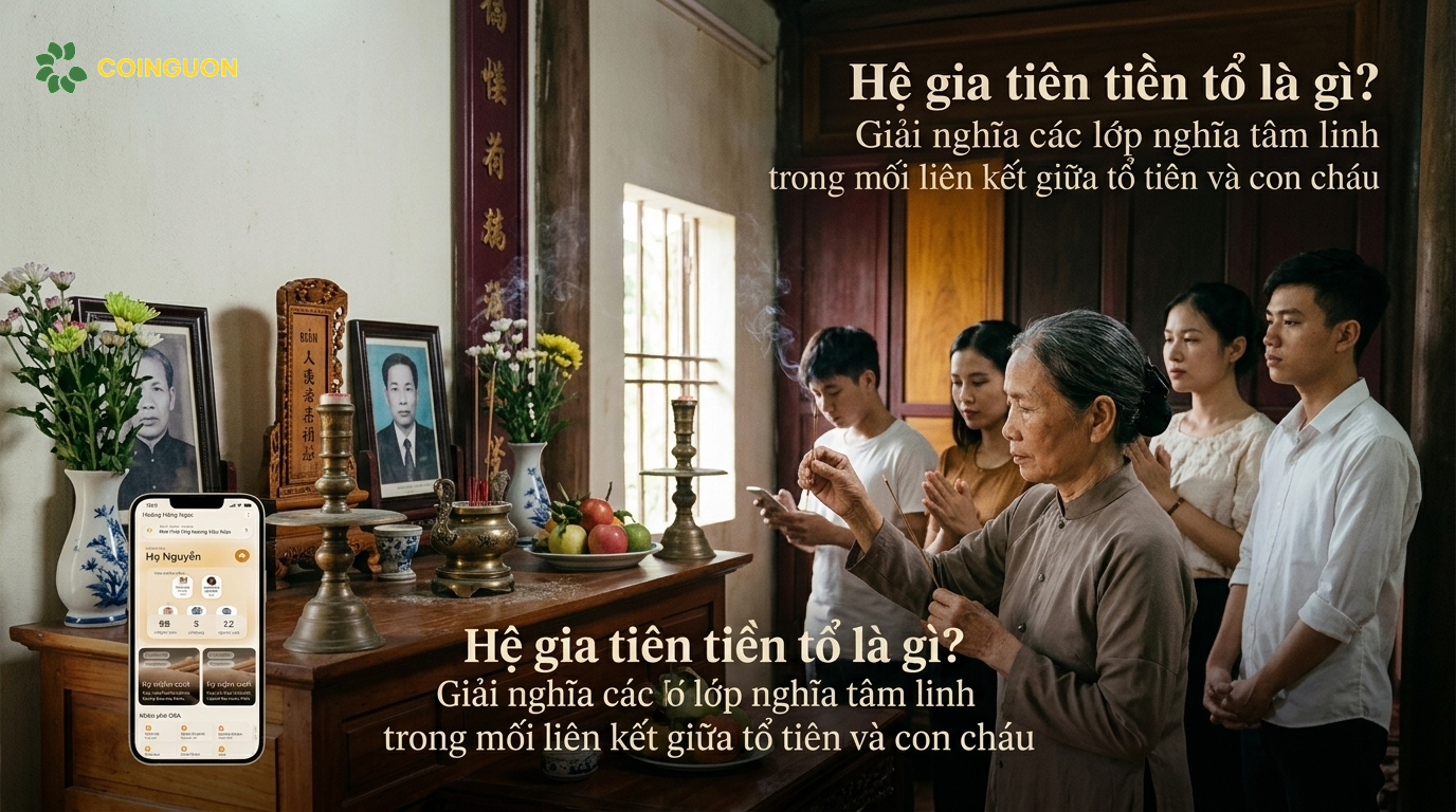Không gian bàn thờ gia tiên Việt Nam với hương trầm, đồ thờ truyền thống và các thành viên trong gia đình thành kính tưởng nhớ tổ tiên – Cội Nguồn ORA