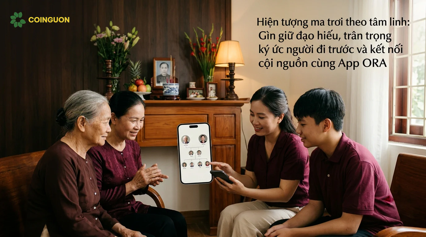 Gia đình nhiều thế hệ cùng tưởng nhớ tổ tiên và xem cây gia phả số trên điện thoại trong không gian truyền thống Việt Nam, kết nối đạo hiếu với công nghệ lưu giữ cội nguồn - Cội Nguồn ORA