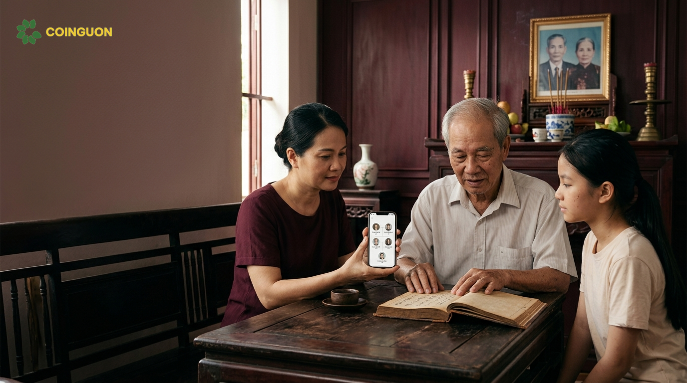 Ba thế hệ gia đình Việt Nam cùng tìm hiểu gia phả giấy và cây gia phả số trên điện thoại để gìn giữ đạo hiếu, trao truyền cội nguồn - Cội Nguồn ORA