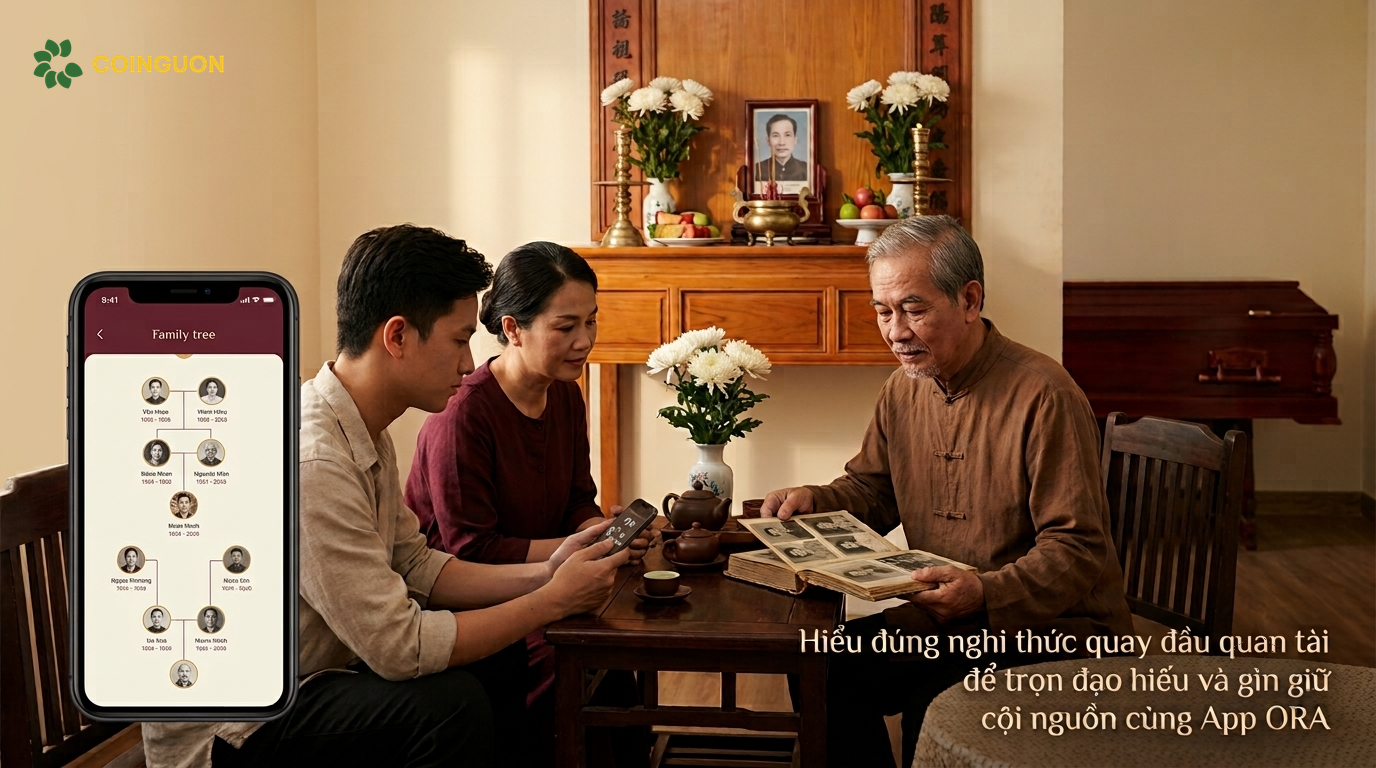 Gia đình gìn giữ đạo hiếu và tìm hiểu nghi thức quay đầu quan tài qua ký ức gia tiên và cây gia phả số trên App ORA - Cội Nguồn ORA