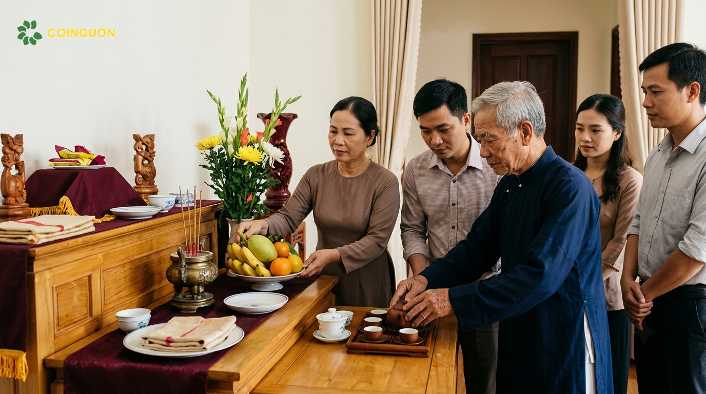 Các thành viên gia đình Việt Nam chuẩn bị bàn thờ gia tiên và hướng dẫn con cháu thực hành nghi lễ truyền thống trang nghiêm, đúng gia phong – Cội Nguồn ORA