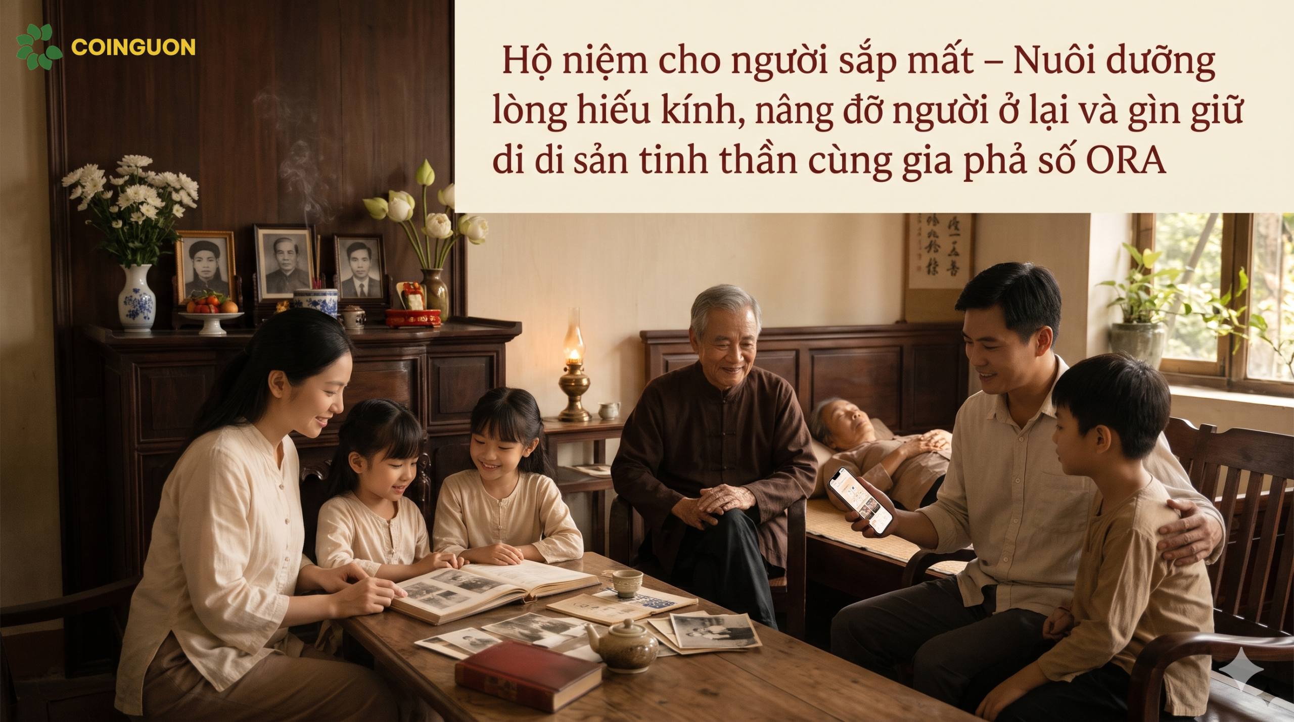 Gia đình nhiều thế hệ quây quần bên bàn thờ gia tiên, người lớn chia sẻ lịch sử gia đình và cùng xem gia phả số trên điện thoại, thể hiện lòng hiếu kính và gìn giữ di sản tinh thần - Cội Nguồn ORA