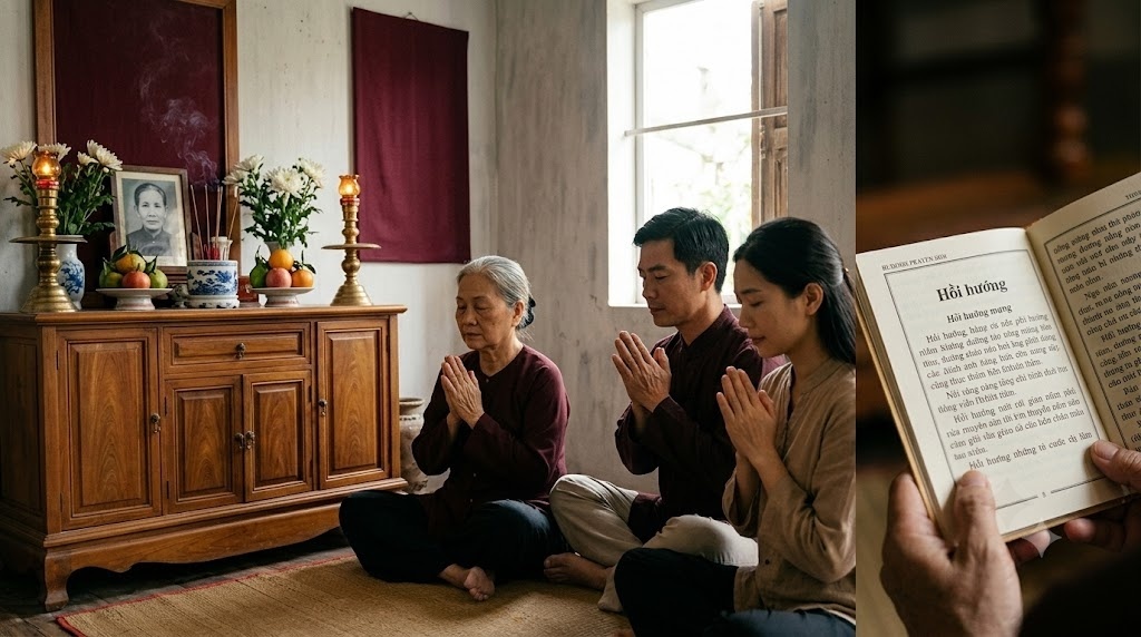 Gia đình Việt thành kính cầu nguyện trước bàn thờ gia tiên, thể hiện ý nghĩa hồi hướng công đức và sự tiếp nối trong quan niệm Phật giáo - Cội Nguồn ORA