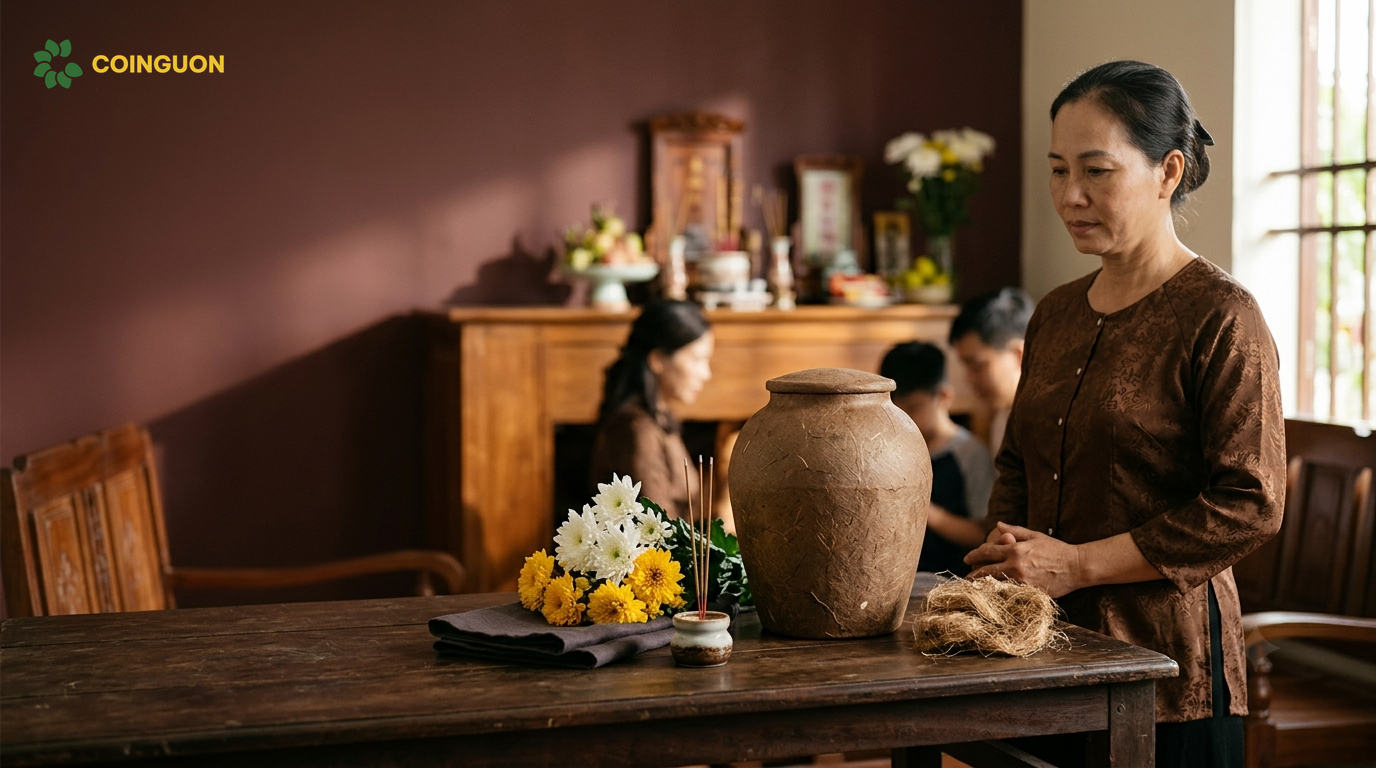 Hũ đựng tro cốt phân hủy sinh học bằng sợi thực vật tự nhiên đặt trang nghiêm trong không gian thờ cúng gia đình Việt - Cội Nguồn ORA