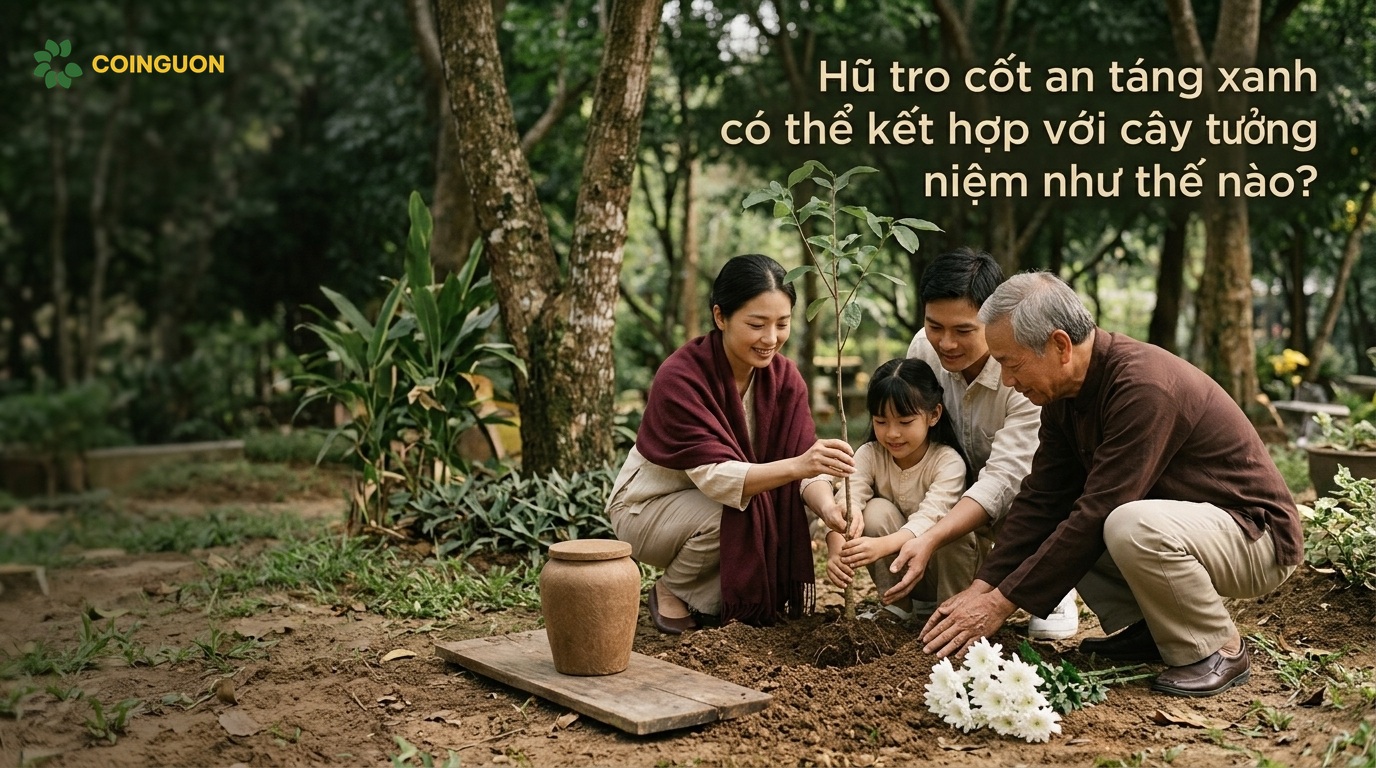 Ba thế hệ gia đình Việt trồng cây tưởng niệm bên khu an táng hũ tro cốt phân hủy sinh học trong hoa viên xanh - Cội Nguồn ORA